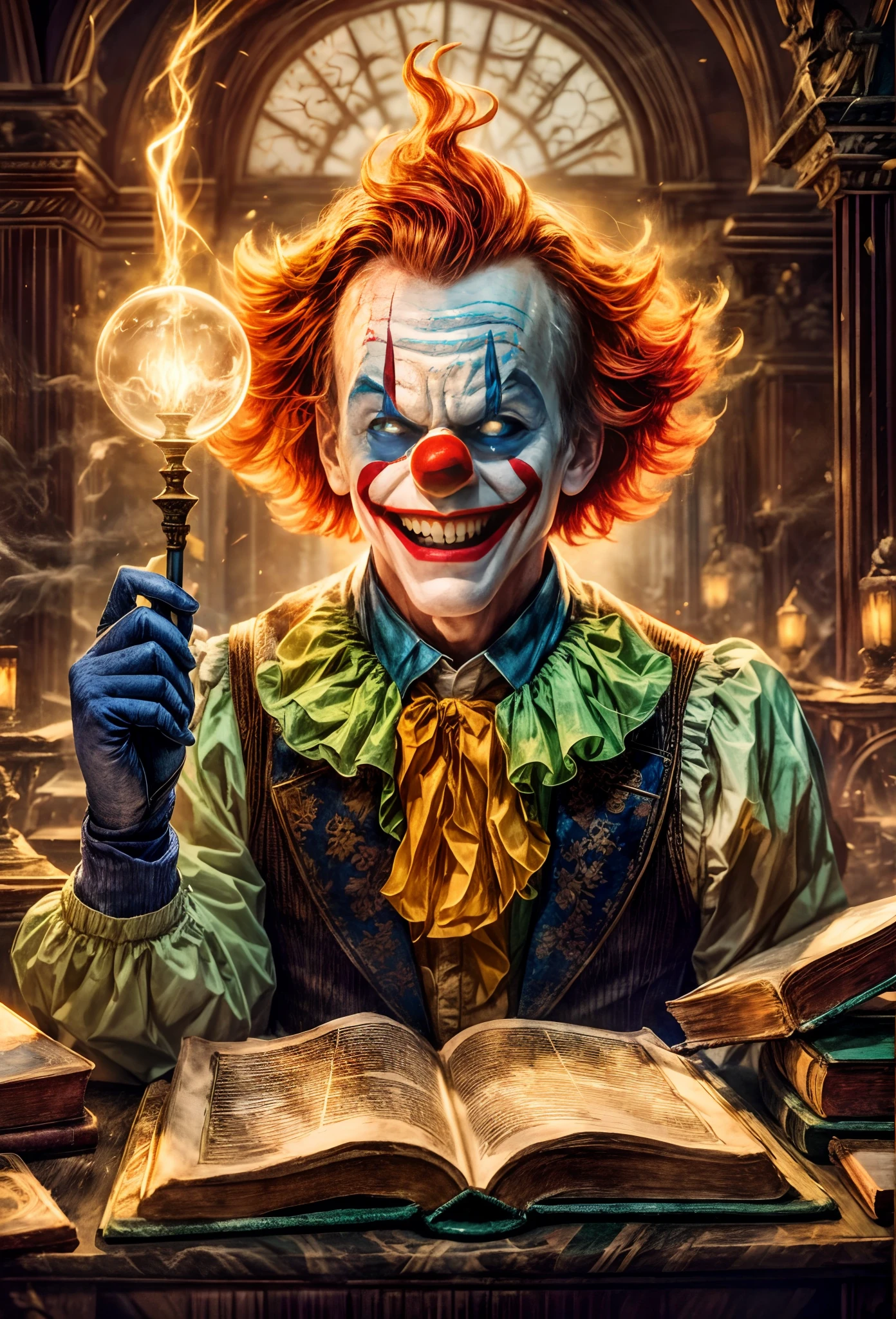 The clown of the DC Universe stands in the classroom, holding a wand, Cast complex and powerful spells. Bright flashes of light illuminate the surroundings. The clown's eyes are full of weirdness and evil，He waved his wand with precision. The air is filled with magical energy, Crackling，Circling around him. The classroom is filled with ancient books, potion bottle, and other magical artifacts. The walls are decorated with intricate tapestries，The history of magic is depicted. The atmosphere is mysterious and charming. The spells cast by the clown are vivid and vivid, creating a stunning visual effect，Entice your audience. The colors are rich and vivid, With a touch of otherworldly light. The lighting is dramatic, Cast a long shadow，Highlight the boy's face in a magical glow. The scene exudes a sense of awe and amazement. The Joker's highly focused attention and the raw power of the spell make it clear that he is a gifted evil wizard, Destined for great things. The image quality is top-notch, It has ultra-fine textures and sharp focus. This artwork has a realistic and fantastical feel, Combine elements of digital illustration and traditional painting. Carefully selected colors create a harmonious and magical atmosphere, With a touch of warmth and mystery. The scene is bathed in softness, Natural light, Cast a soft glow on the surroundings. The overall composition and perspective transport the viewer into a magical world, Evoke feelings of wonder and excitement.