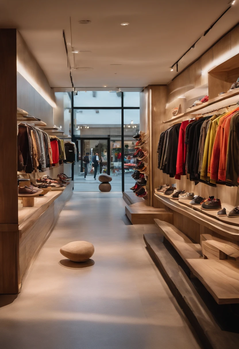Pixar-style store, with a large window with a sign that says TRIBO, skateshop, store facade, door is on the left side, modern and exuberant condominium as a window, official photo of the store, Store, skateshop, award-winning skateboard window, with mannequin in the window and skates and shoes