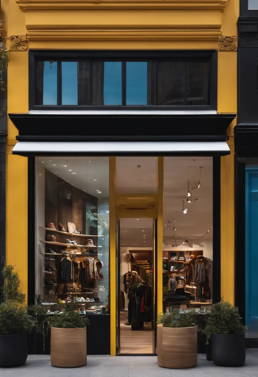 Pixar-style store, with a large window with a sign that says TRIBO, skateshop, store facade, door is on the left side, modern and exuberant condominium as a window, official photo of the store, Store, skateshop, award-winning skateboard window, with mannequin in the window and skates and shoes