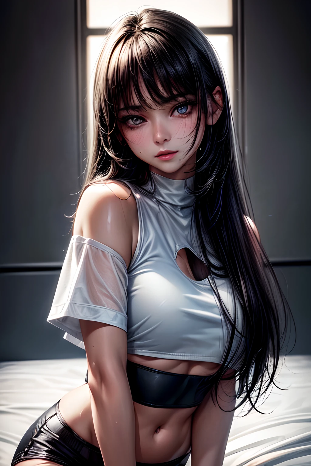 (best quality,4k,highres),(realistic face, seductive, white eyes),(white crop top, black underwear, short clothes),(black long hair),(1 girl),(portrait style),glossy skin,sweating skin,embrassing