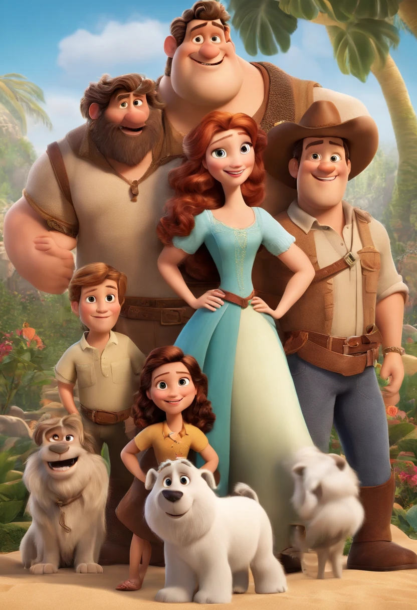 a Disney Pixar movie poster showing a white-skinned family. The father is the tallest, Tem barba curta, loiro, cabelos curtos e espinhosos. The mother has brown eyes and hair, shoulder-length and is slightly overweight. A menina tem 4 anos e cabelos castanhos, roupa rosa e rabos de cavalo. The background is a beach garden. 3D-rendering