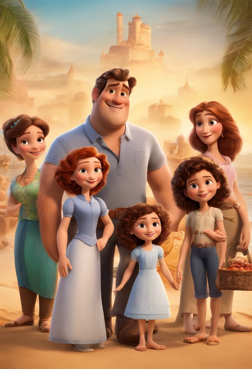 a Disney Pixar movie poster showing a white-skinned family. The father is the tallest, Tem barba curta, loiro, cabelos curtos e espinhosos. The mother has brown eyes and hair, shoulder-length and is slightly overweight. A menina tem 4 anos e cabelos castanhos, roupa rosa e rabos de cavalo. The background is a beach garden. 3D-rendering