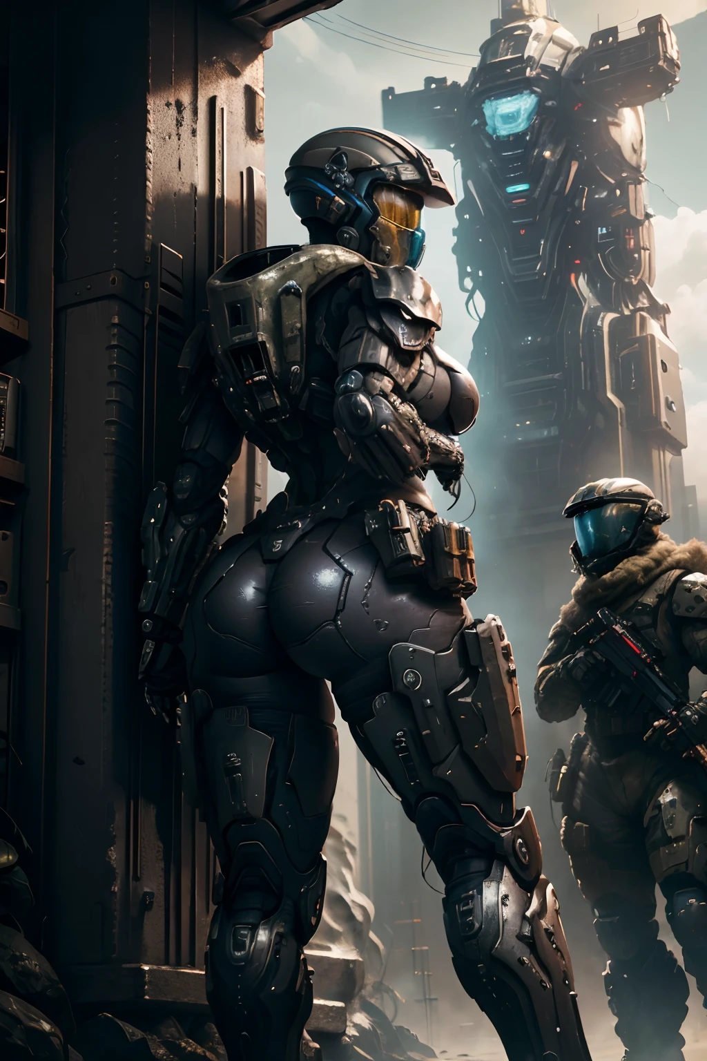 ((mejor calidad)), ((obra maestra)), (muy detallado: 1.3), ....3D, una hermosa mujer Pechos grandes y cola grande (muslos hechizantes cuerpo completo) con un rifle y un casco, armadura de halo futurista, military armor, Equipo de combate futuro, con equipo futurista y casco, b), combate, Halo de engranajes, cyberpunk, Armadura futurista, Jefe Maestro de Halo, campo de batalla, alien depredador planet, depredador battle,,