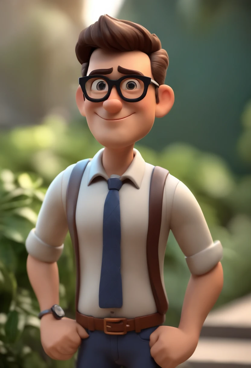 Cartoon character of a man with black glasses, cabelo cacheado marrom escuro e uma camisa azul, animation character, Caractere estilizado, animation style rendering, 3D estilizado, Arnold Maya render, 3 d render stylized, toon render keyshot, Personagem 3D, Personagem 3D, 3d rendering stylized, 3 d character render, personagem de desenho animado, Personagem de close up, Pose de personagem, (Estilo Pixar) (master part:1.2) (Bokeh) (best quality) (pele detalhada) (textura detalhada) (8k) (argila) (Cinematic lighting) (foco nítido