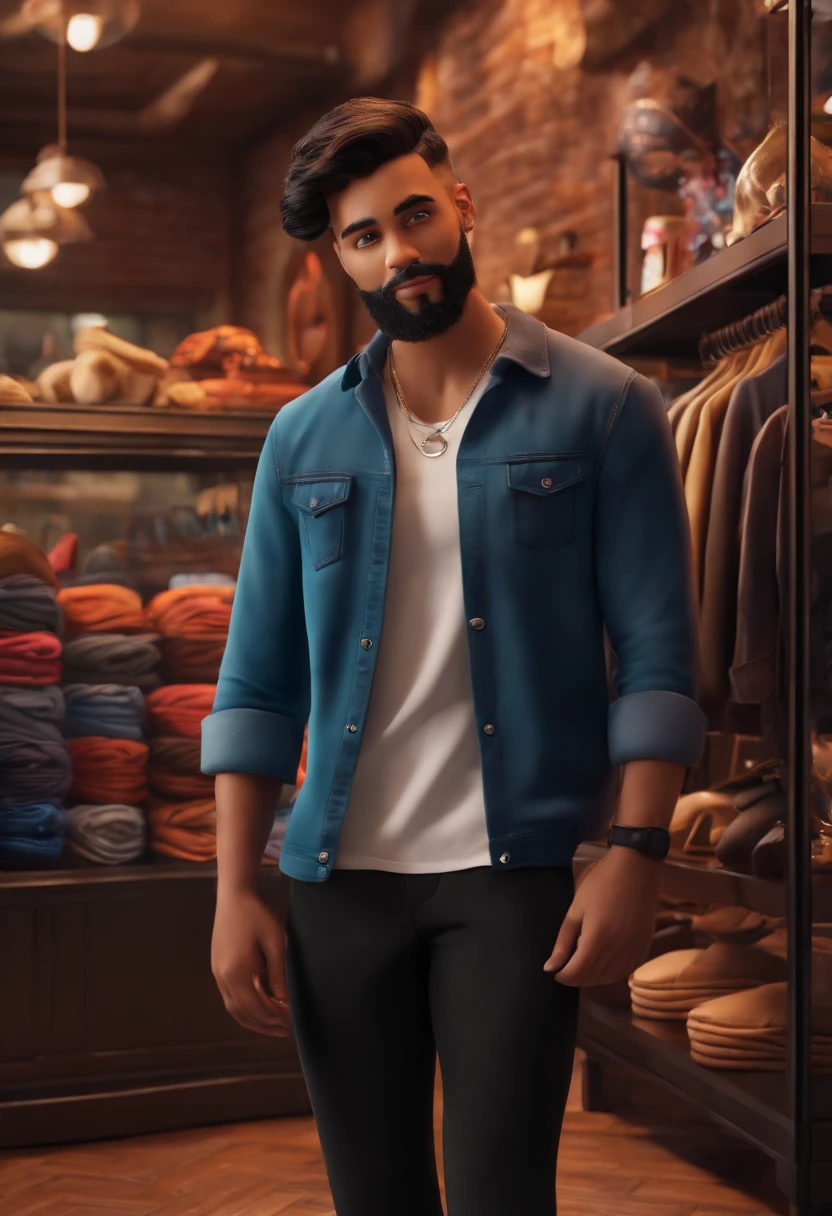 Disney/Pixar inspired 3D poster capturing a scene of a cute young 20 year old with soul patch beard, black razor fade hair, black shirt, black pants on a clothing store background