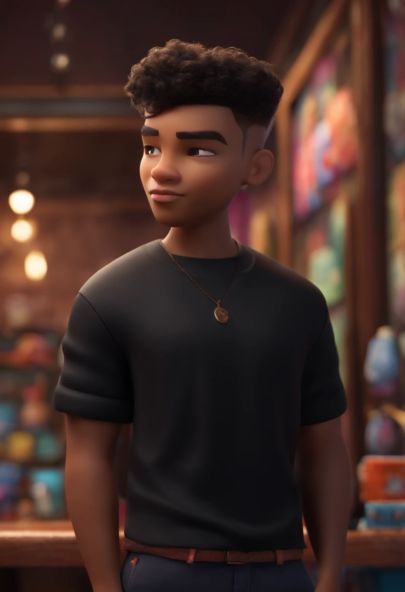 Disney/Pixar inspired 3D poster capturing a scene of a cute young 20 year old with soul patch beard, black razor fade hair, black shirt, black pants on a clothing store background
