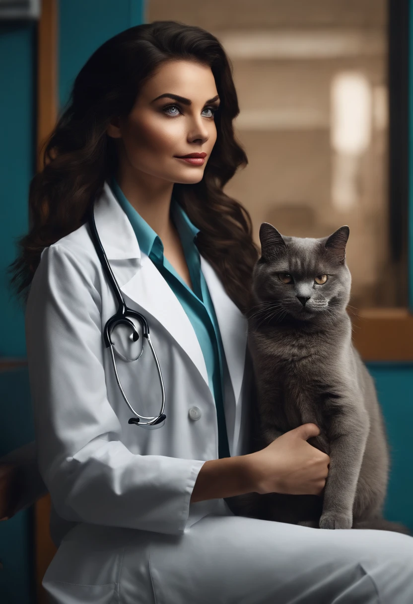 Estilo Pixar, Uma mulher branca com os cabelos longo solto, cabelo preto e liso, with tattoos on the neck, Dressed in a doctor's white coat, in a doctor's office, Veterinarian, com 4 gatos em volta dela