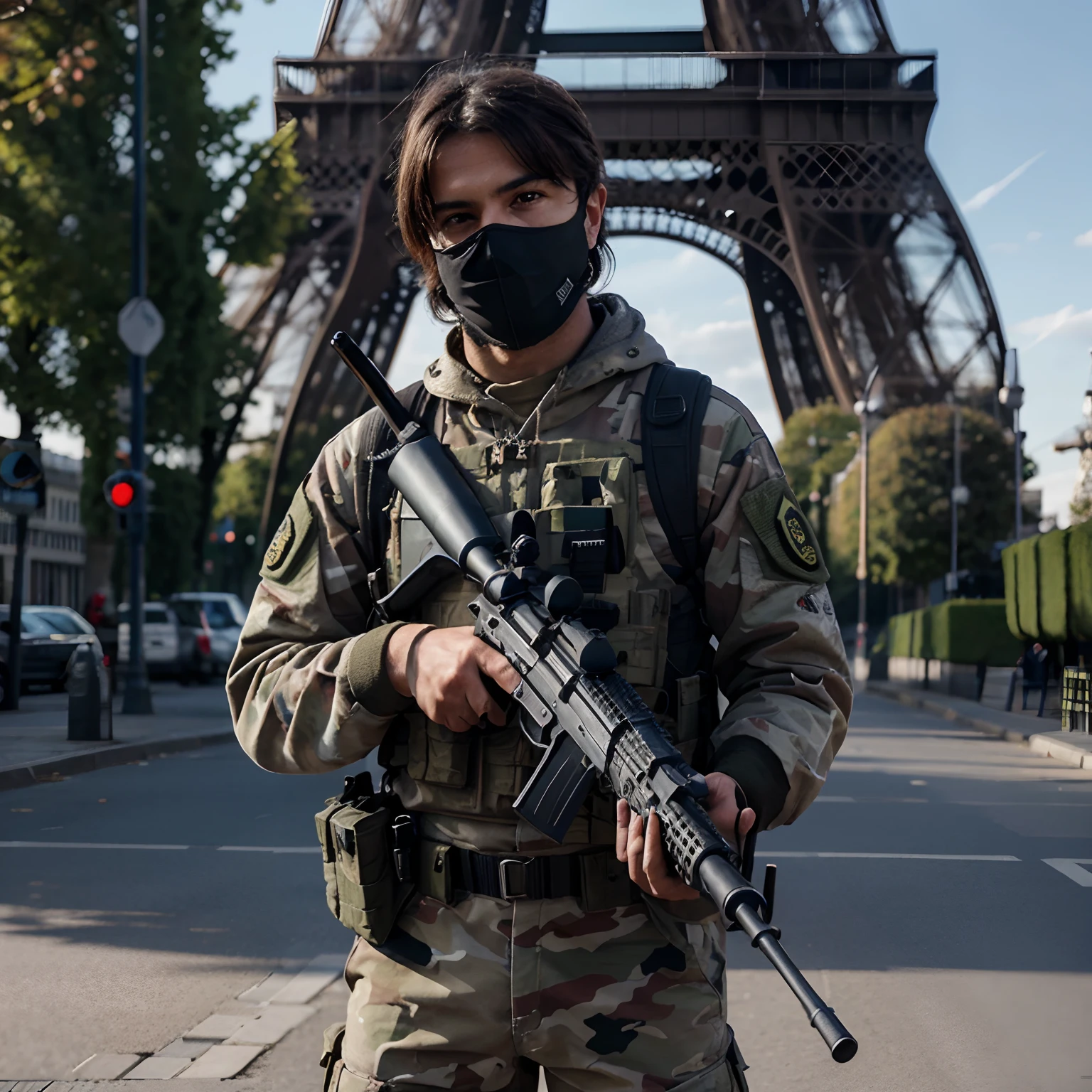 8k , quality, Artwork,arme , fusil d'assaut FAMAS, Member of the French Special Forces, devant la tour Eiffel, Special Force Mask