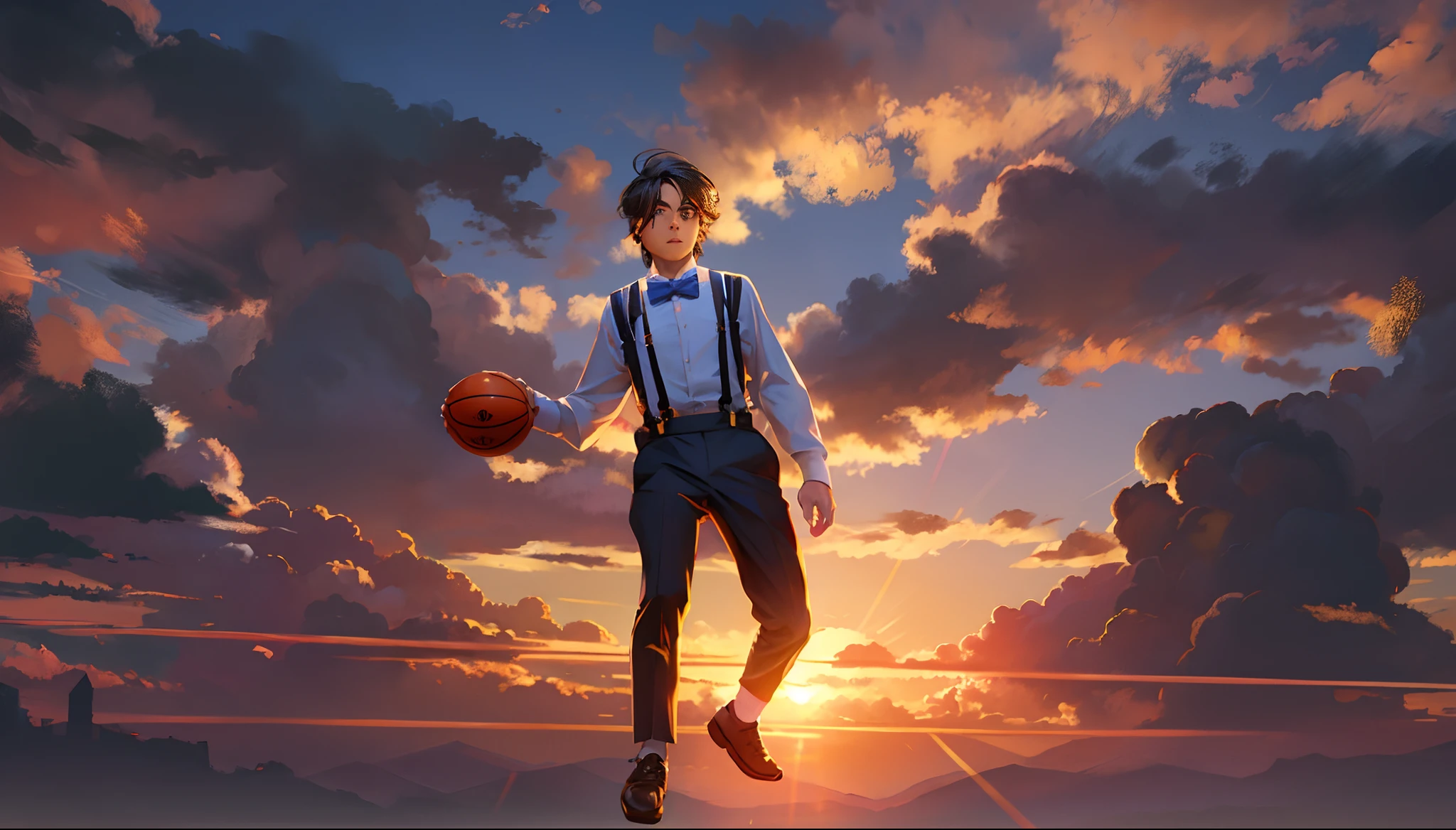 the sunset，eventide，middle parted hairstyle，Suspenders，Five fingers are normal and clear，Put your feet on the ground，Two hands，Two feet，basketball ball，schoolboy