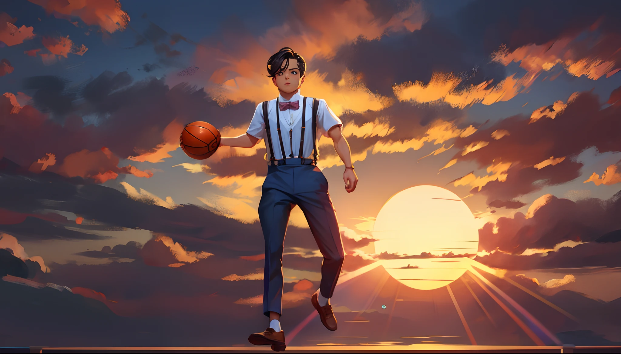 the sunset,eventide,middle parted hairstyle,Suspenders,Five fingers are normal and clear,Put your feet on the ground,Two hands,Two feet,basketball ball,