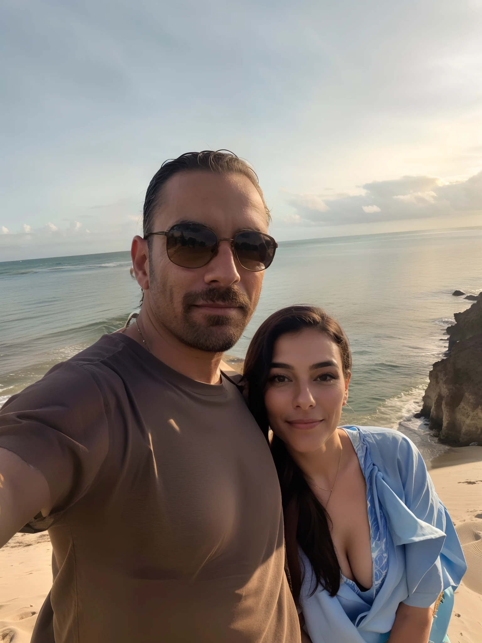 There's a Man and a Woman Taking a Selfie at the Water's Edge, com montanhas ao fundo, imagem de perfil, com montanhas no fundo, 4 5 I, vacation photo, standing near the beach, O oceano ao fundo, Directed by: Nandor Soldier, paradise in the background, lindo dia ensolarado, oceano ao fundo, Casal feliz, during sunset