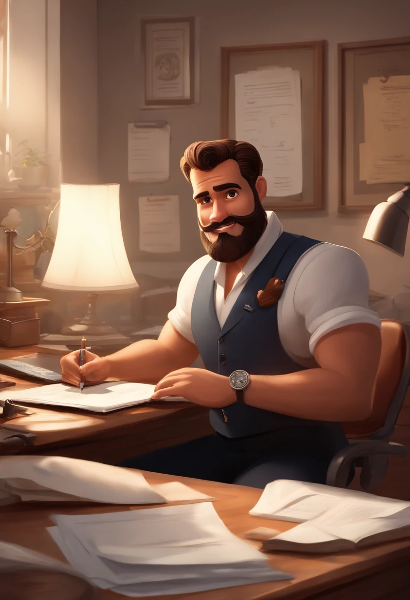 Crie um personagem estilo Disney PIXAR, de um homem com barba muito curta, cabelo careca raspado, camisa preta, imagem profissional, of an accountant working in his office using a notebook with papers and pens on the desk, with pictures on the walls and with cabinets . Estilo Disney Pixar.