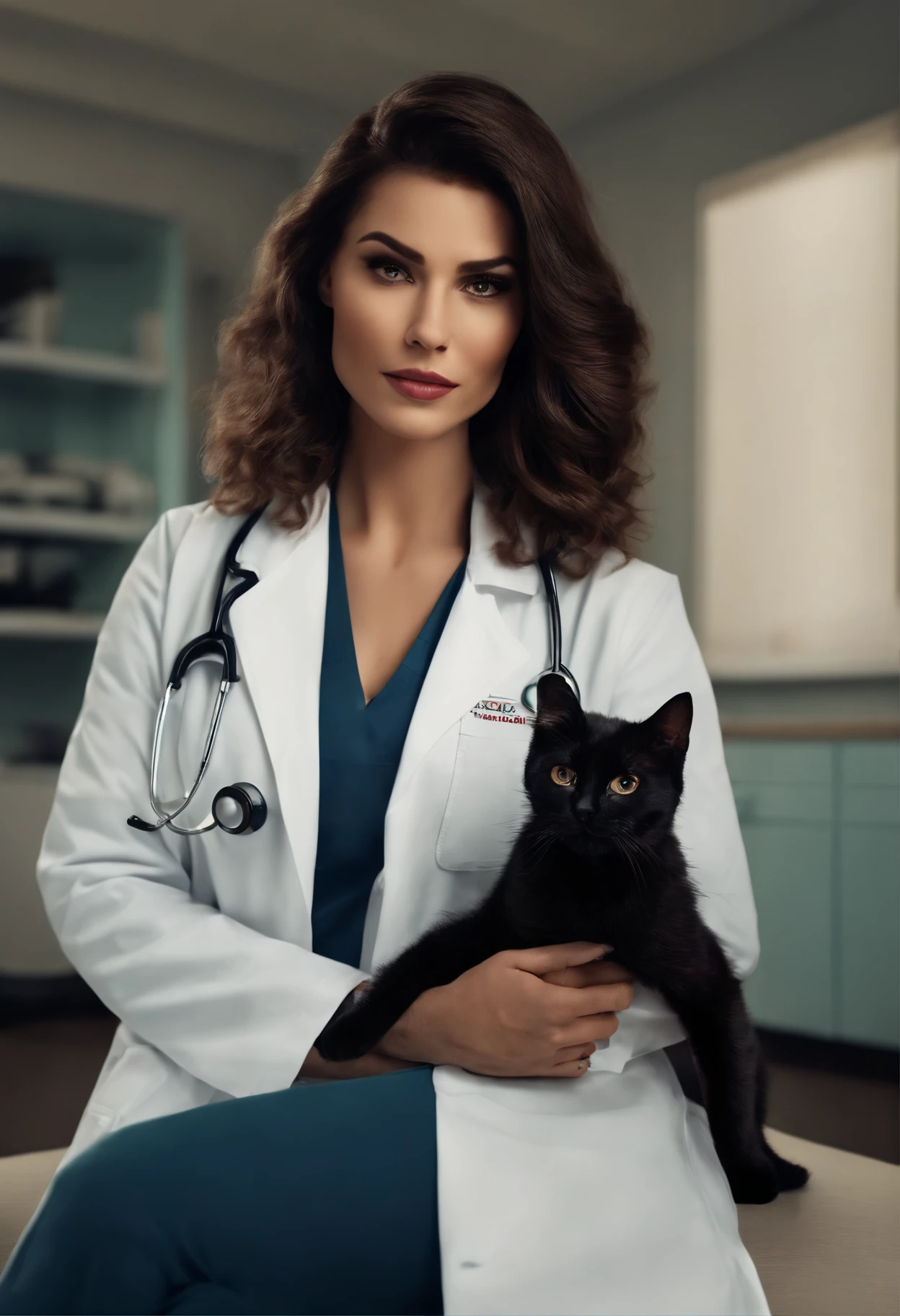 Estilo Pixar, Uma mulher branca com os cabelos longo solto, cabelo preto e liso, with tattoos on the neck, Dressed in a doctor's white coat, in a doctor's office, Veterinarian, com 4 gatos em volta dela