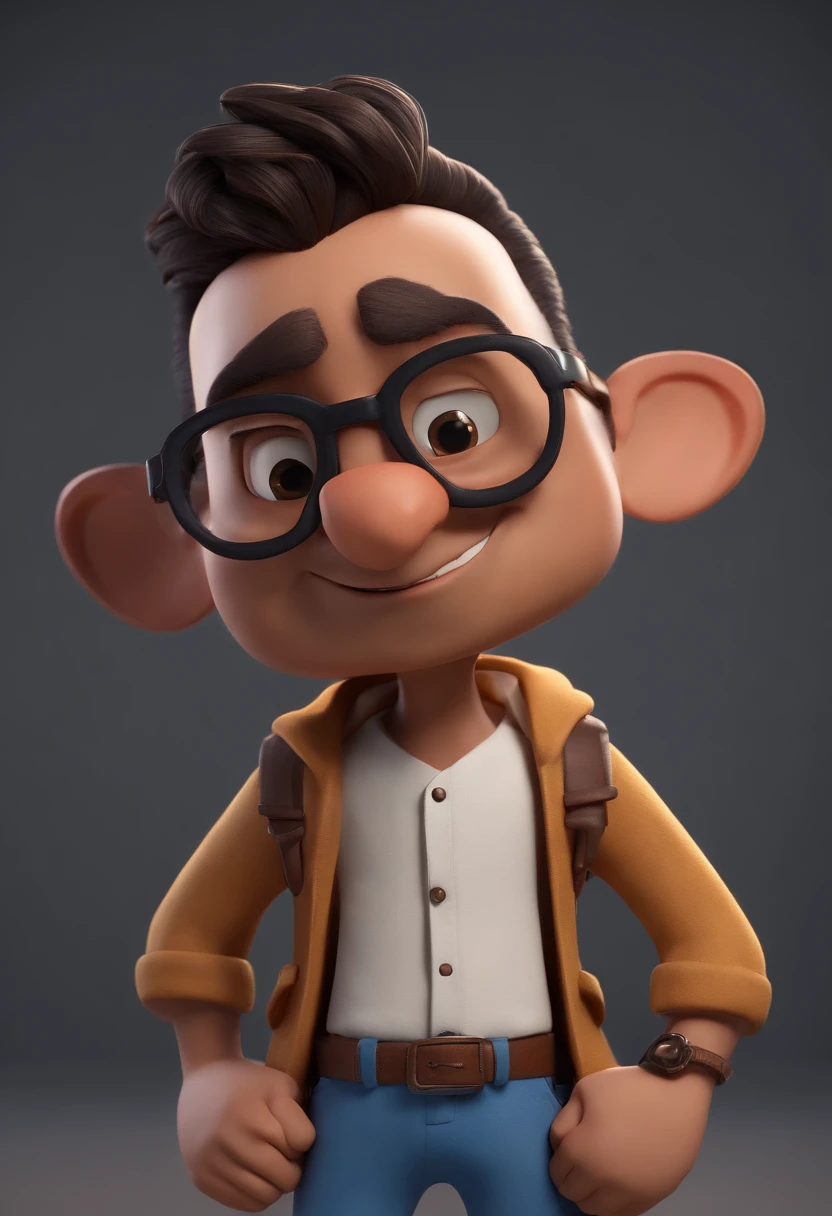 Cartoon character of a man with black glasses, cabelo cacheado marrom escuro e uma camisa azul, animation character, Caractere estilizado, animation style rendering, 3D estilizado, Arnold Maya render, 3 d render stylized, toon render keyshot, Personagem 3D, Personagem 3D, 3d rendering stylized, 3 d character render, personagem de desenho animado, Personagem de close up, Pose de personagem, (Estilo Pixar) (master part:1.2) (Bokeh) (best quality) (pele detalhada) (textura detalhada) (8k) (argila) (Cinematic lighting) (foco nítido