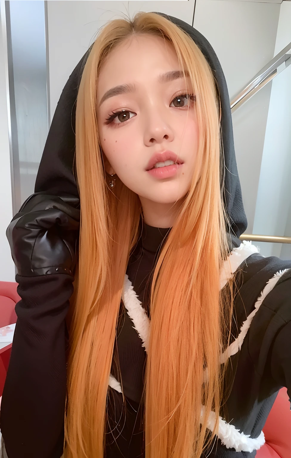 um Close up de uma pessoa com longos cabelos ruivos usando um capuz, jossi do blackpink, ela tem cabelos longos e redorange, Parque Roseanne do Blackpink, Retrato de Jossi de Blackpink, Ela tem longos cabelos castanhos alaranjados, Cl, Dom Yunjoo, cabelo laranja longo, Lalisa Manoban do Blackpink, Lalisa Manobal, Jisoo do Blackpink
