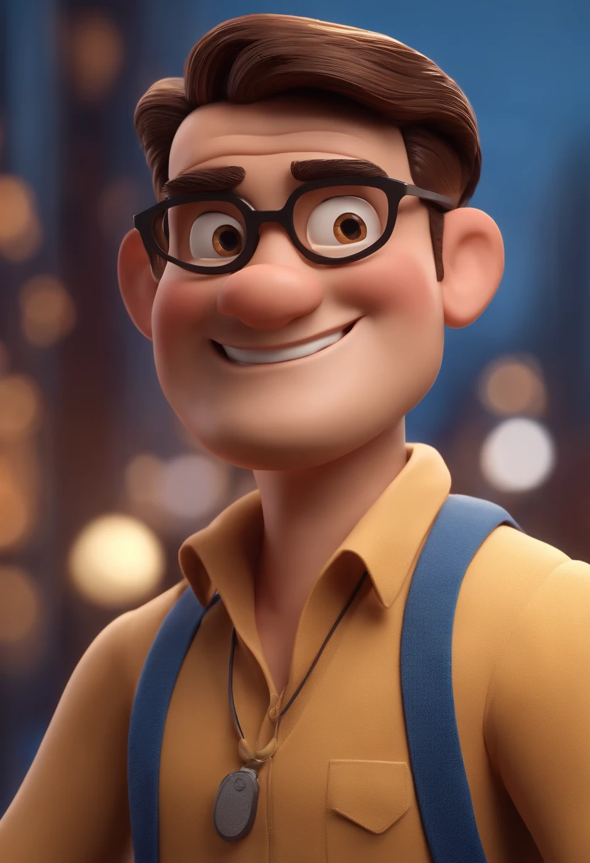 Cartoon character of a man with black glasses and a blue shirt, animation character, Caractere estilizado, animation style rendering, 3D estilizado, Arnold Maya render, 3 d render stylized, toon render keyshot, Personagem 3D, Personagem 3D, 3d rendering stylized, 3 d character render, personagem de desenho animado, Personagem de close up, Pose de personagem,  (Estilo Pixar) (master part:1.2) (Bokeh) (best quality) (pele detalhada) (textura detalhada) (8k) (argila) (Cinematic lighting) (foco nítido