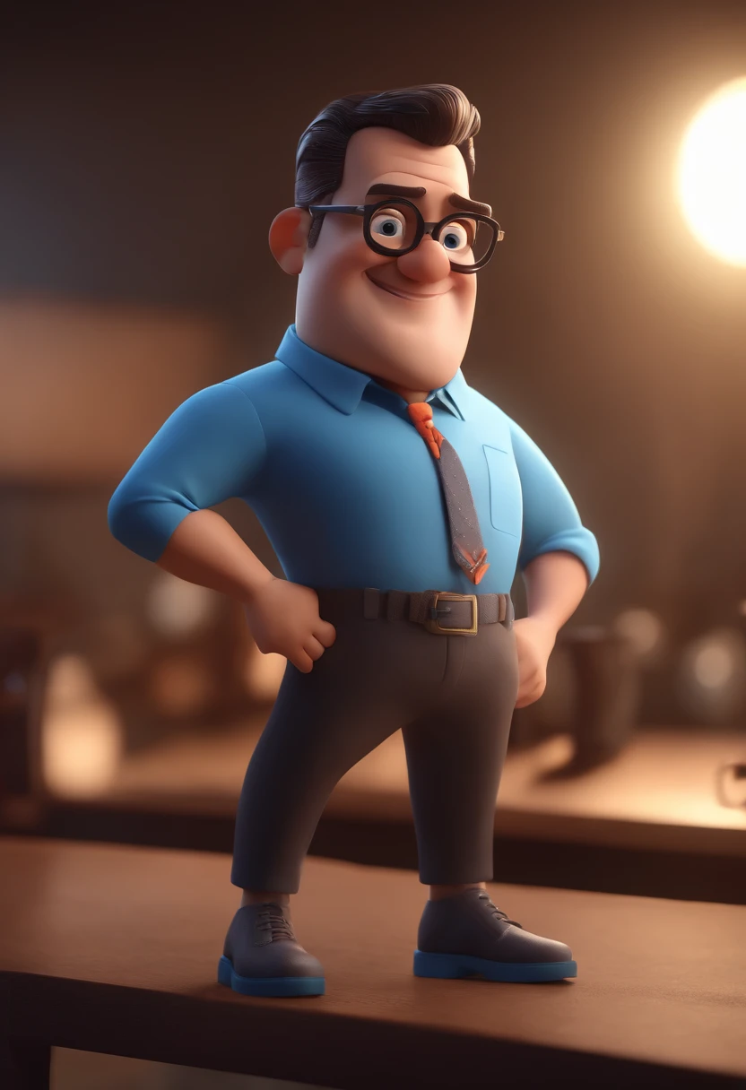 Cartoon character of a man with black glasses and a blue shirt, animation character, Caractere estilizado, animation style rendering, 3D estilizado, Arnold Maya render, 3 d render stylized, toon render keyshot, Personagem 3D, Personagem 3D, 3d rendering stylized, 3 d character render, personagem de desenho animado, Personagem de close up, Pose de personagem, (Estilo Pixar) (master part:1.2) (Bokeh) (best quality) (pele detalhada) (textura detalhada) (8k) (argila) (Cinematic lighting) (foco nítido