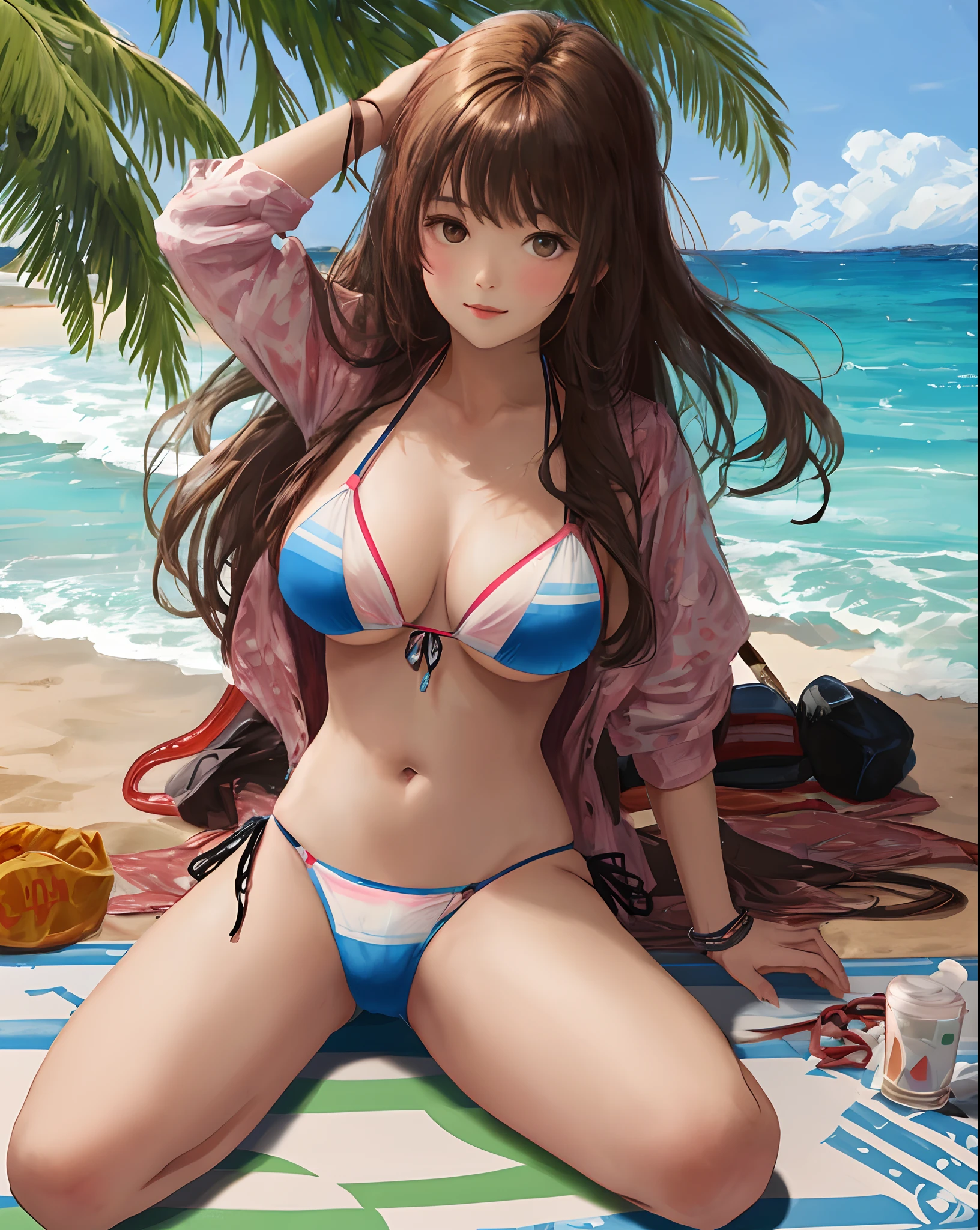 Girl in bikini on beach mat at the beach