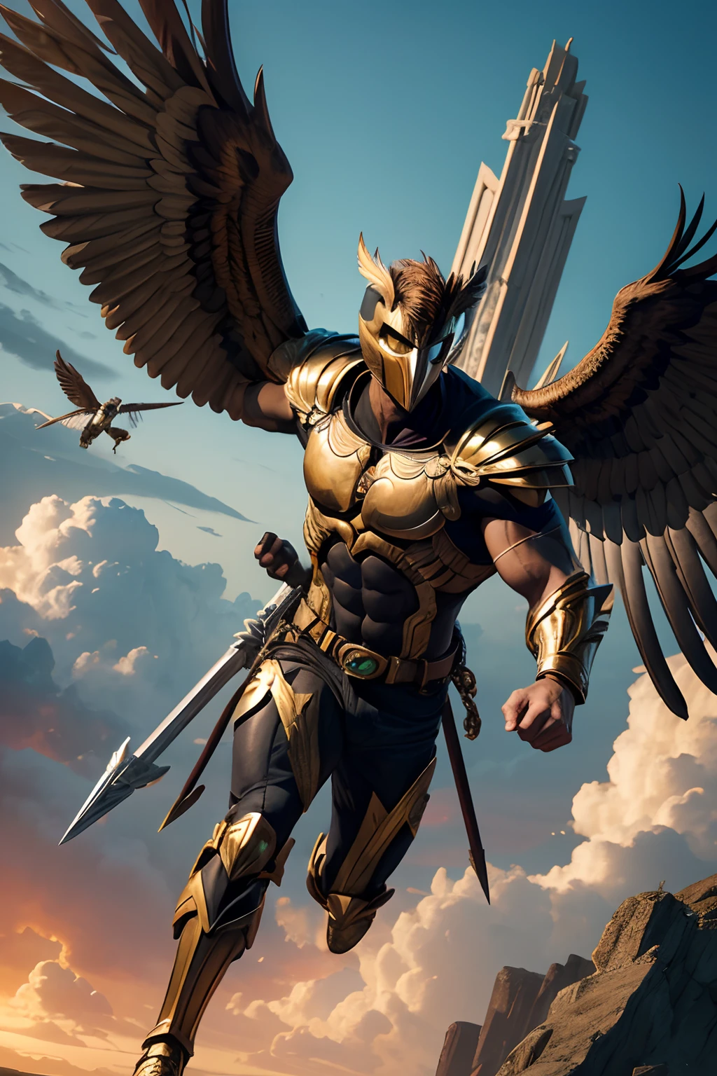 Art Inspired Not Joe Kupert's Style, The Hawkman, imponente, wearing a mask in the shape of a hawk, com suas grandes asas, Holding a metal mace, Flying through the skies.