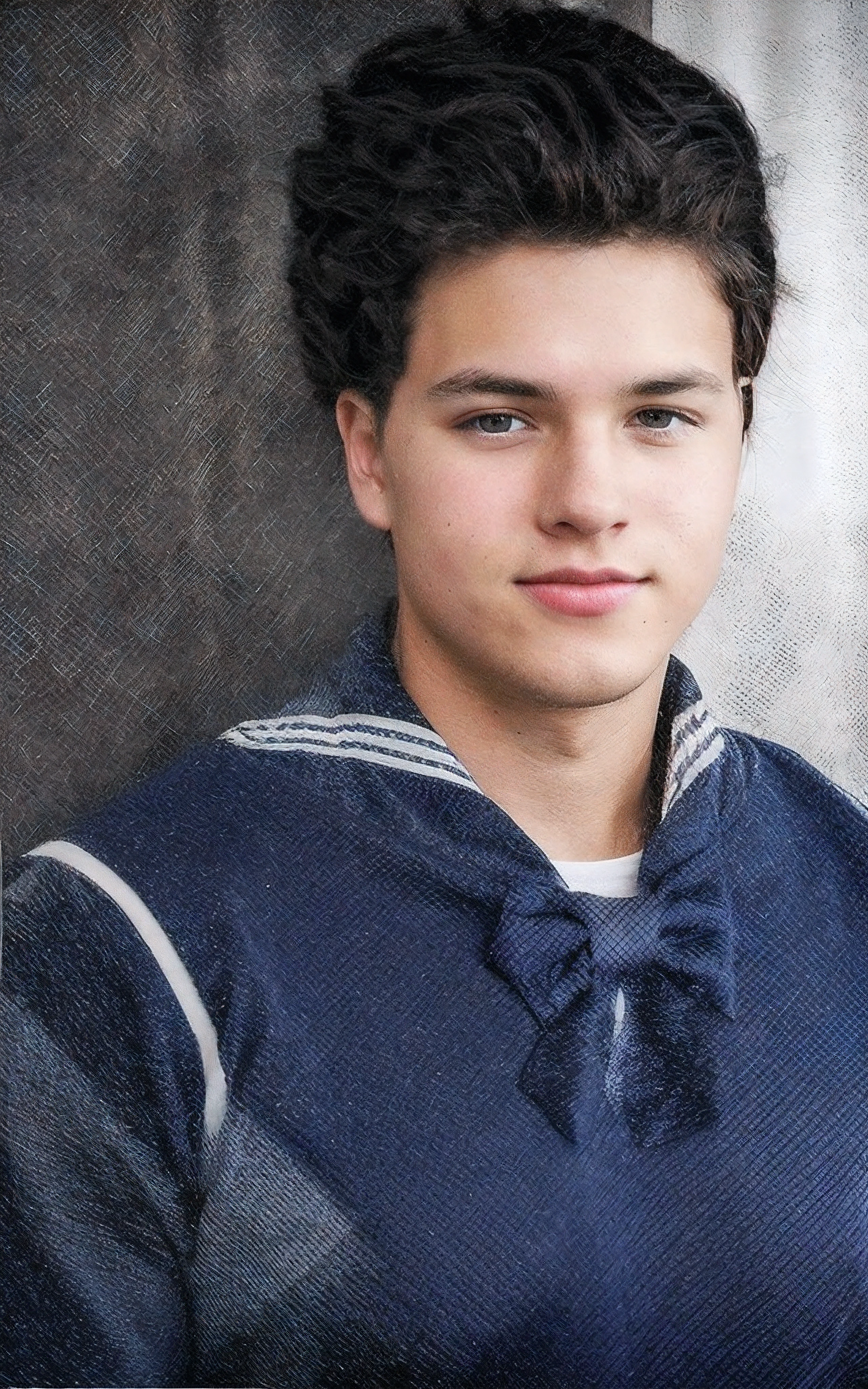Photo of a young man in a sailor uniform, fair skin, retro hair style, brown eyes, blue uniform, white tshirt underneath, blue uniform with white sailor stripes, the uniform has a bow in the center