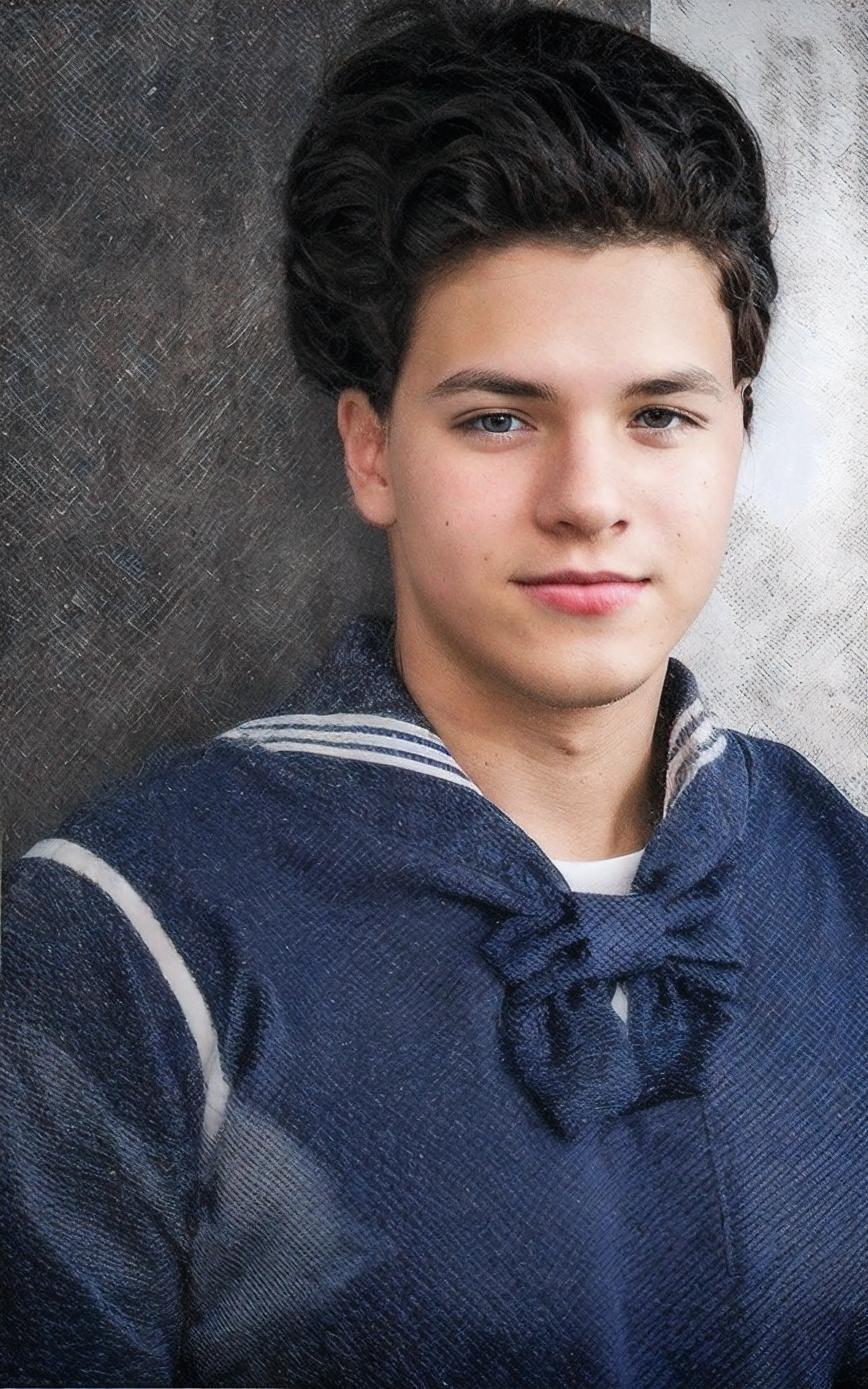 Photo of a young man in a sailor uniform, fair skin, retro hair style, brown eyes, blue uniform, white tshirt underneath, blue uniform with white sailor stripes, the uniform has a bow in the center