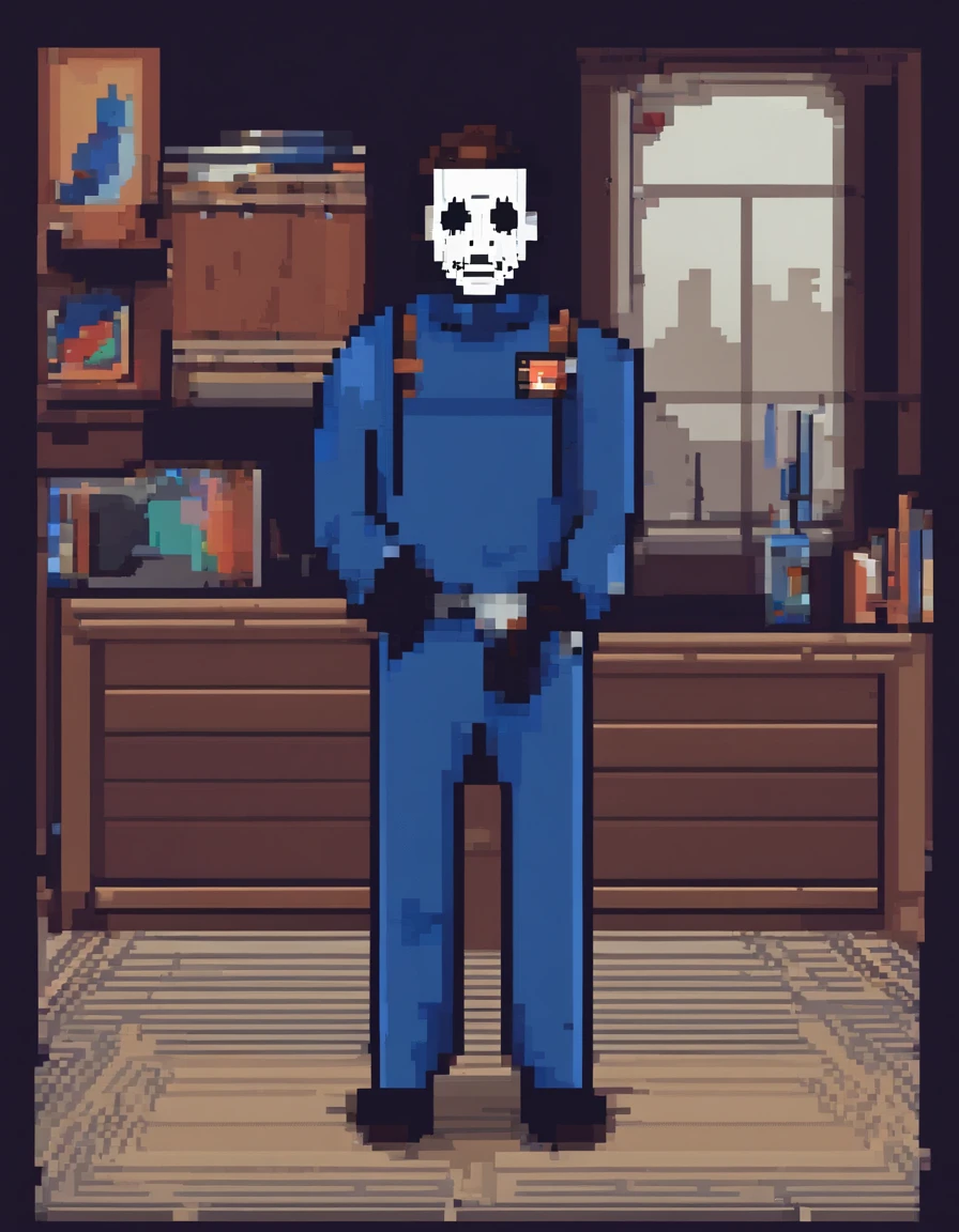 (best quality,realistic:1.37),pixelated image,Micheal Myers,iconic,blue overalls,white mask,knife blade,highlighting,focusing on Michael Myers,character,standing,sinister pose,dark background,tense atmosphere,horror theme,retro aesthetic,low resolution pixel art,sharp edges,colorful pixels,stylized details,cartoonish,evil presence,menacing expression,striking contrast between blue and white,vivid colors,ominous lighting,Halloween inspiration