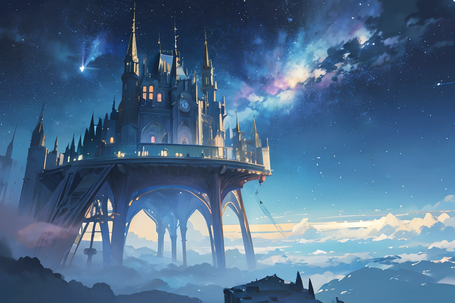 Create exquisite illustrations reminiscent of Makoto Shinkai's style, It has ultra-fine details and top-notch quality. Create an illustration of a fantastical castle floating in space, drifting through a mesmerizing cosmic expanse. The castle is adorned with intricate details and illuminated by the distant stars, giving it an ethereal glow. Its spires reach towards the infinite, and the surrounding space is filled with nebulae, constellations, and celestial wonders. The scene captures the enchanting beauty of a castle adrift in the vastness of the universe, evoking a sense of awe and wonder.