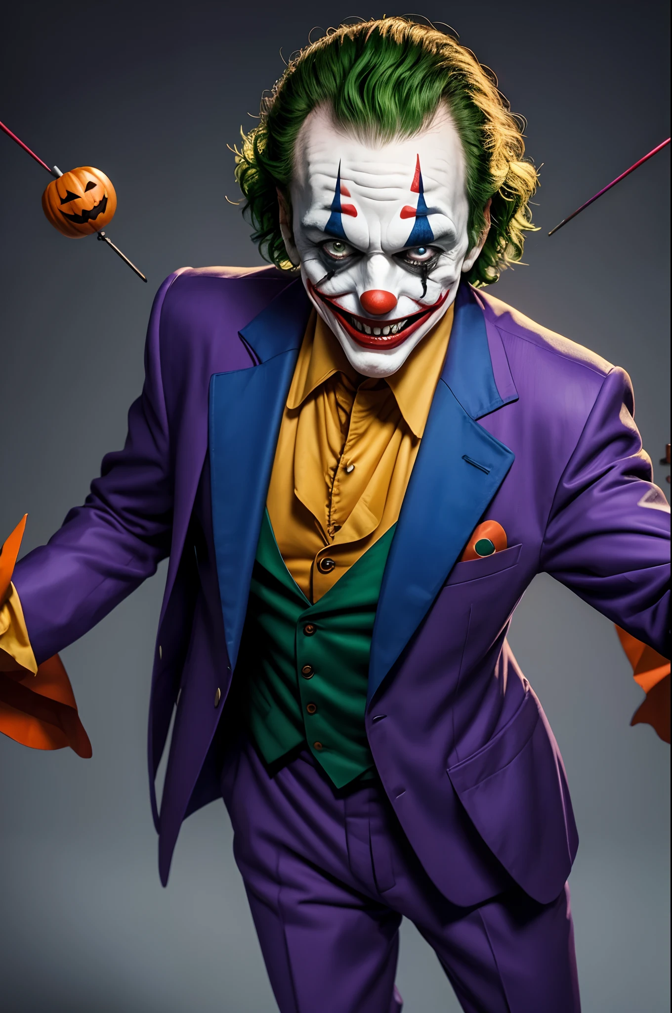 A weird clown with weird smile,dressed a weird suit, flying pokers,and a mysterious image,halloween,(DC/Joker)