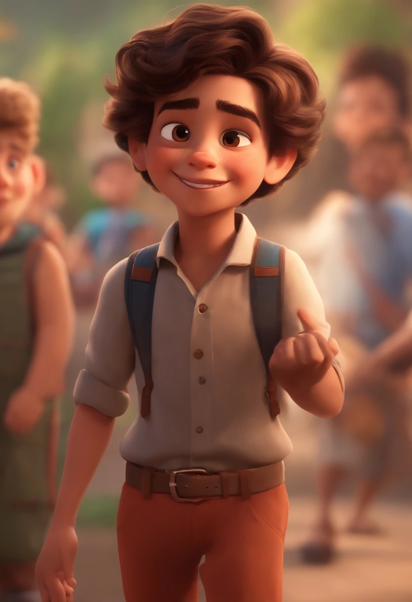 Image of a boy for a story in a YouTube video in Pixar format, He's the little allabester, He's the class leader, He's outgoing, Playful and gets up for a lot of things, cabelo curto