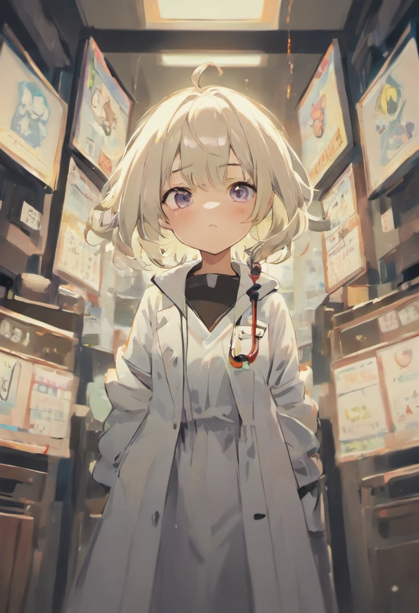 Estilo Pixar, Uma mulher branca com os cabelos longo solto, cabelo preto e liso,neck tattoos, Dressed in a doctor's white coat, in a doctor's office, Veterinarian, com 4 gatos em volta dela