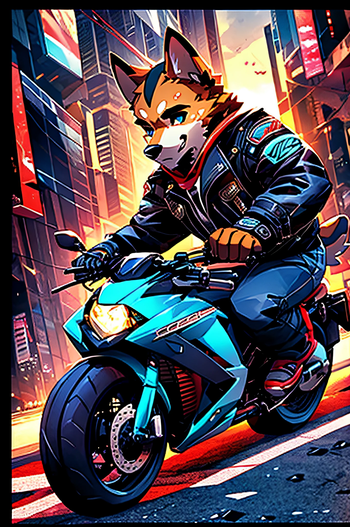 (Man riding a big motorcycle)comic strip、anthropomorphic  dog、cyberpunked