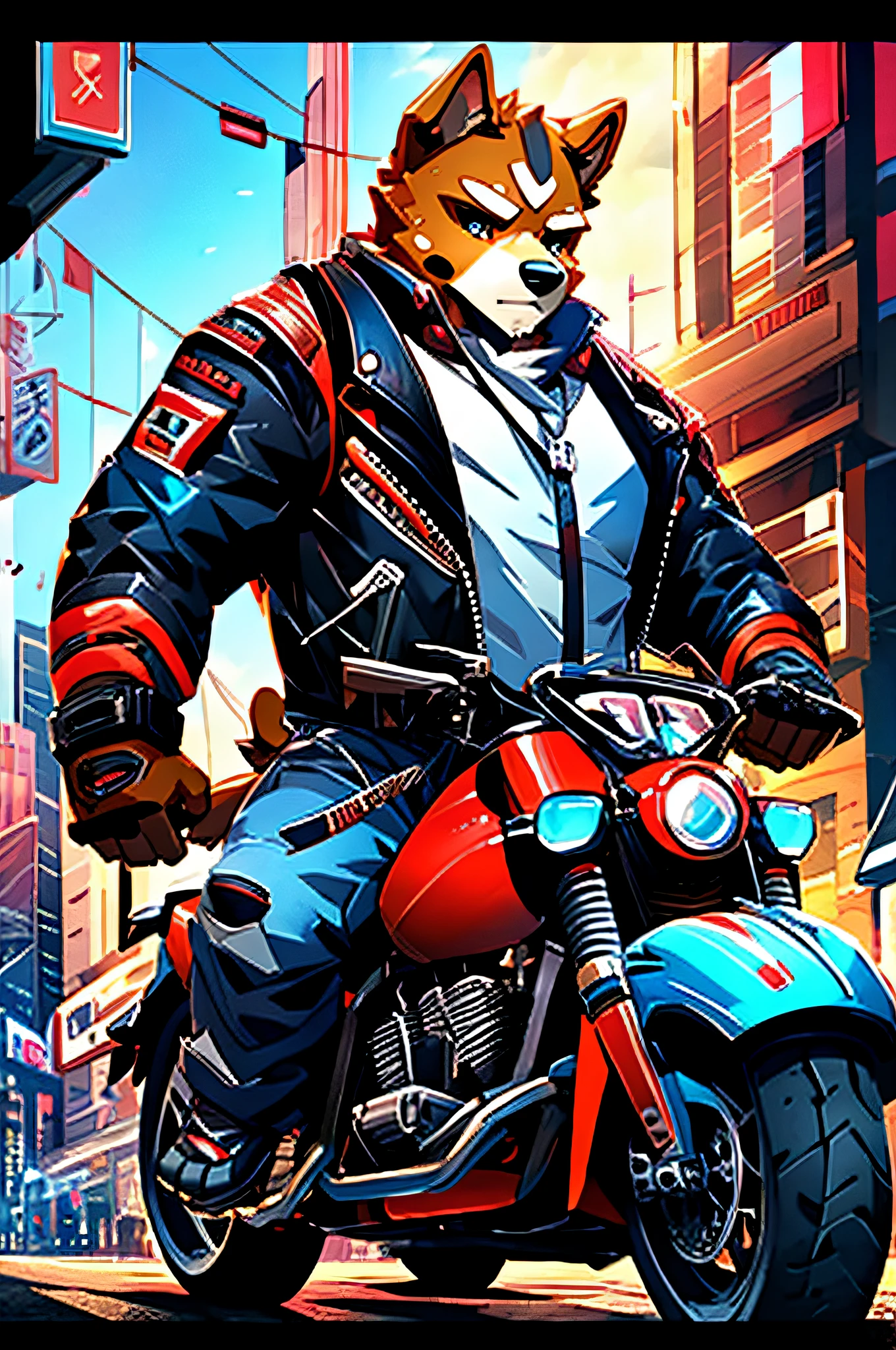 (Man riding a big motorcycle)comic strip、anthropomorphic dog、cyberpunked