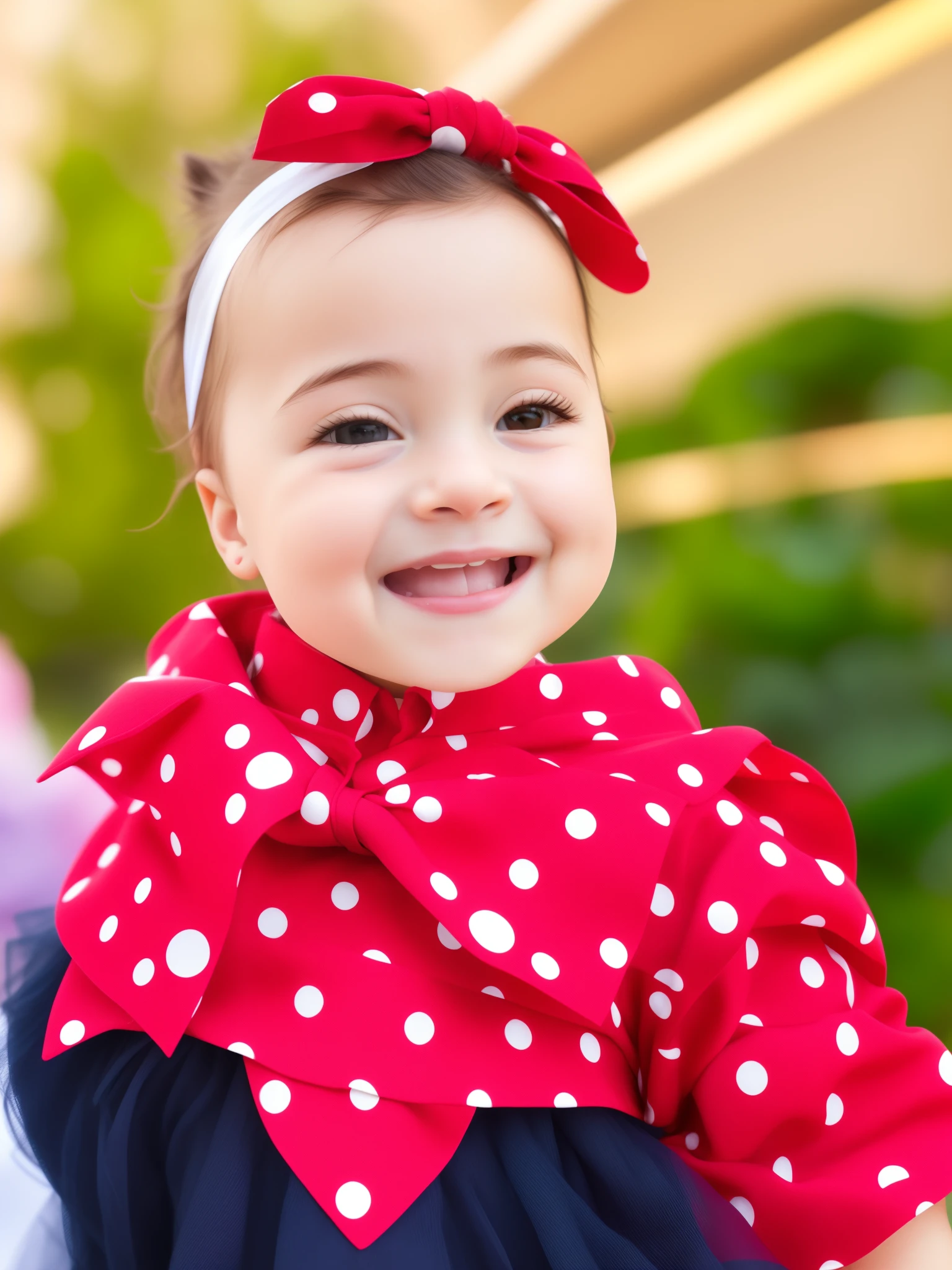 Smiling girl wearing a red polka dot dress and a red bow tie, foto de retrato em close-up, foto de retrato, marvelous expression, closeup of an adorable, bochechas rosadas, close up foto de retrato, retrato closeup, close - foto retrato acima, she is smiling and excited, foto de closeup, imagem retrato, expression joyful, olhar alegre, menina feliz, lindo bonito