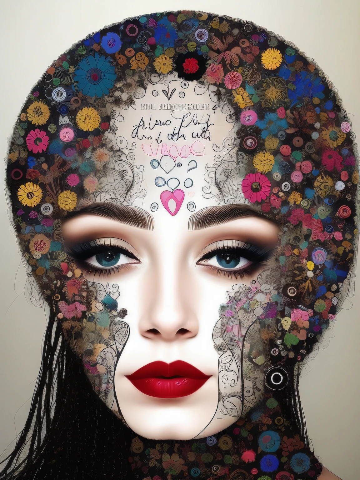 a woman's head with a lot of art work on it