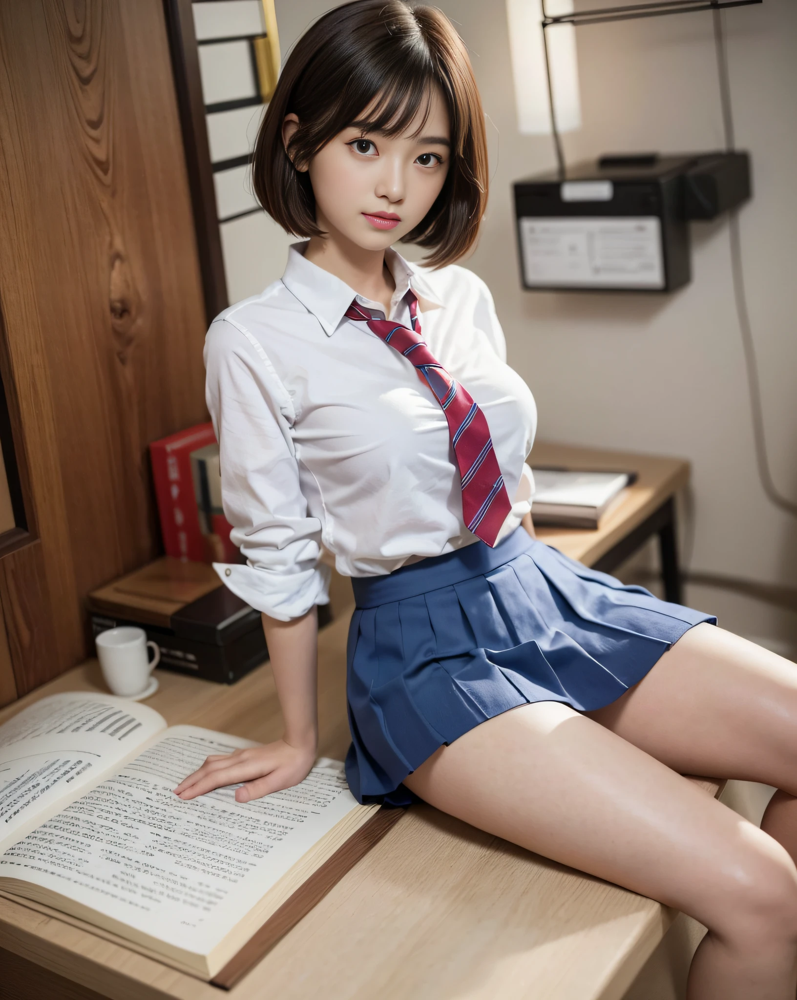 top-quality、​masterpiece、Beautiful schoolgirl、Medium bob hair、beautiful hair of light brown color、校服、pleatedskirt、White blouse、Dark blue high socks、Squat Skirt Lift、Open legs、atlibrary、Showing white panties、panties focus、plump big breasts、Wet clothes、Sheer 、Wet body、Sunshine、plump big breasts、