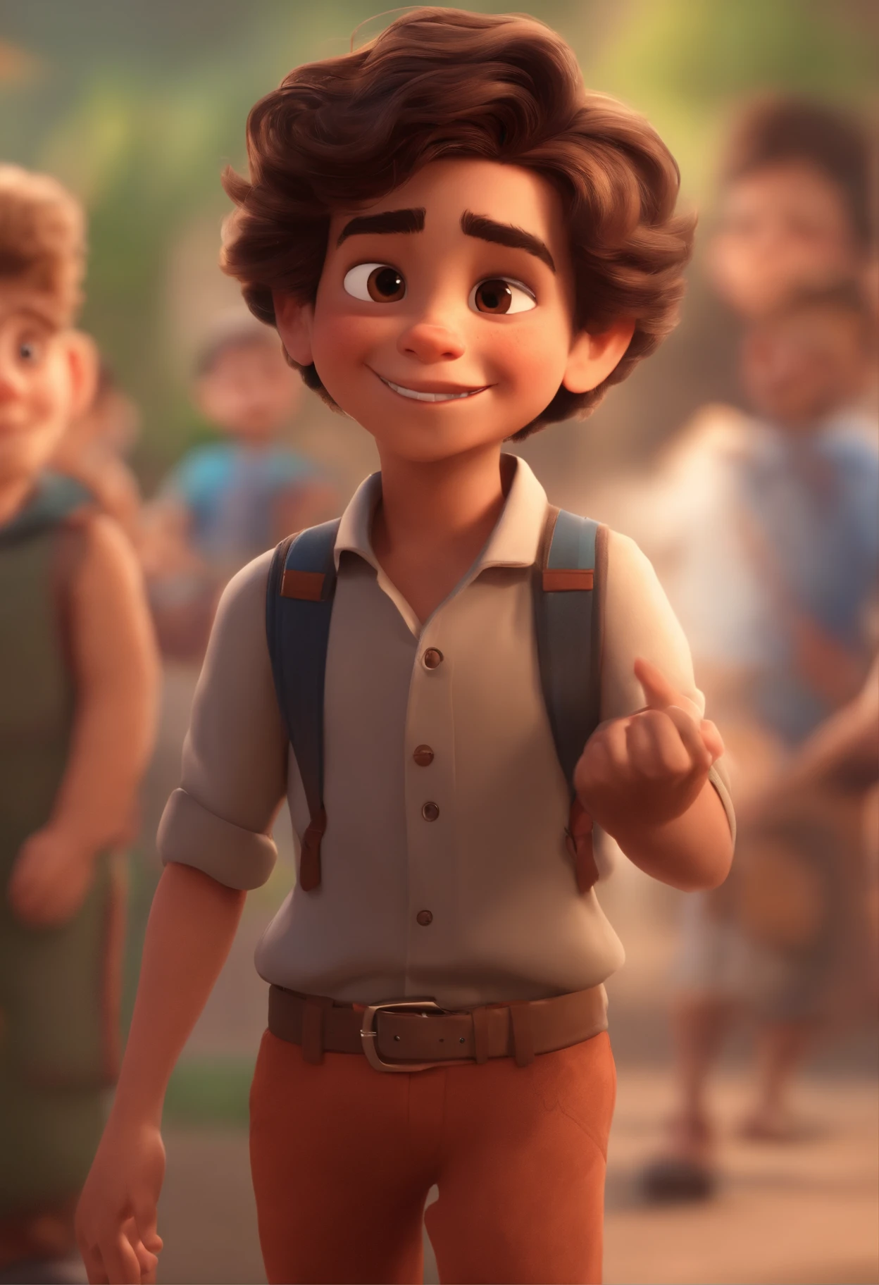 (best quality, 4k, high resolution), outdoor, Foreign little boy, Cheerful expression, open mouth, Clench your fists and place them on your chest, Wear casual clothes