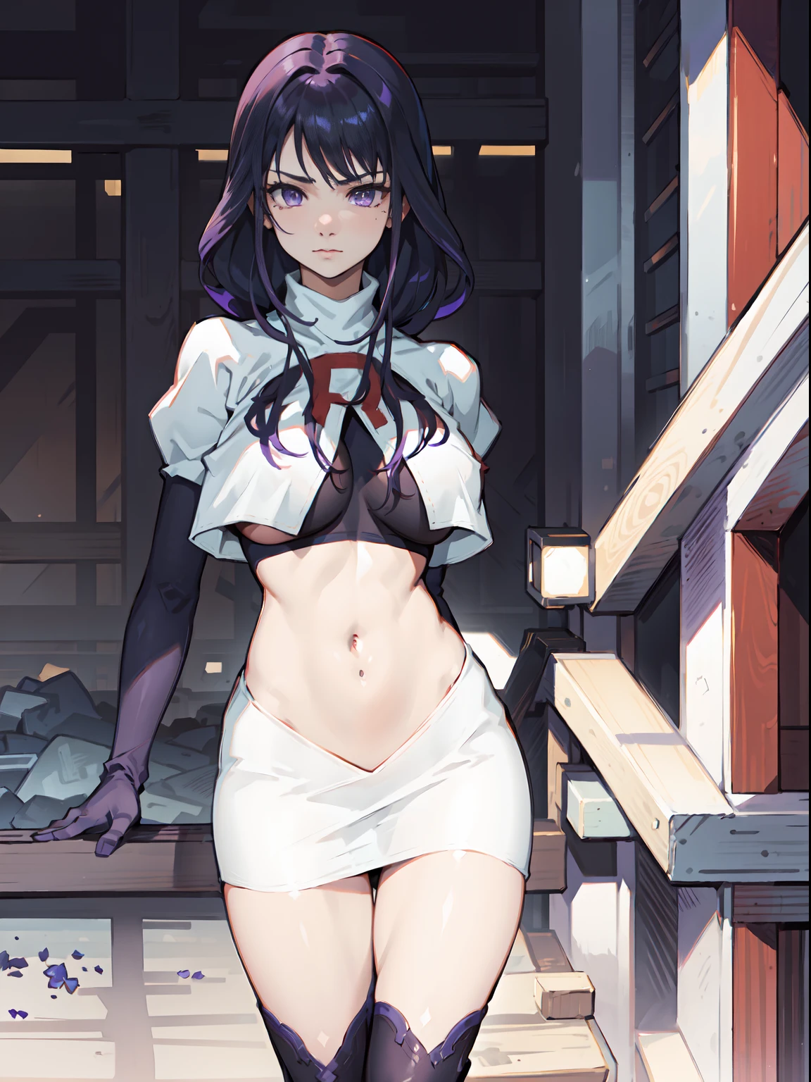 Raiden Shogun, Breasts, Purple hair,Purple eyes, Moles under eyes,1girl,team rocket,team rocket uniform,white skirt,crop top,black thigh-highs,black elbow gloves,
