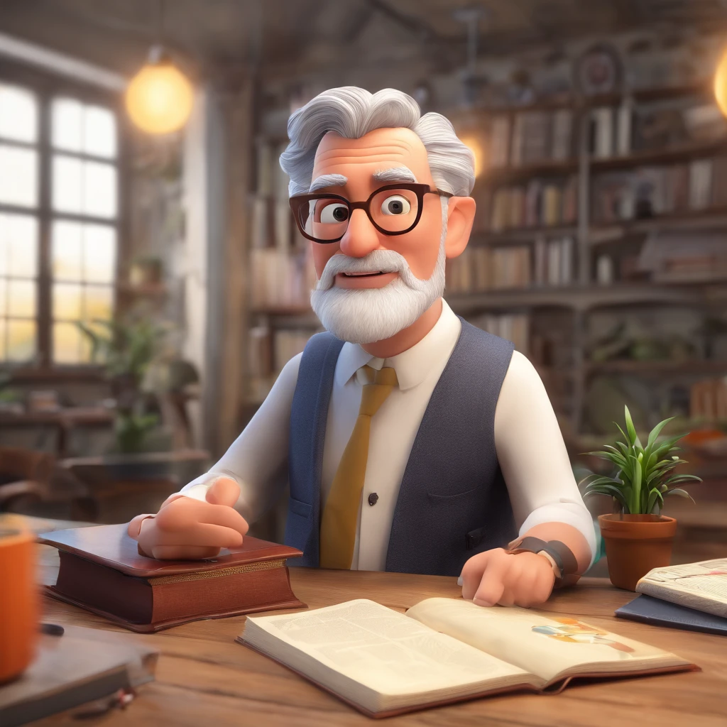 Crie um cartaz inspirado na Disney Pixar com o personagem sendo o pastor Rubens Janier, A gray-haired man wearing glasses, in an office with a Bible on the table