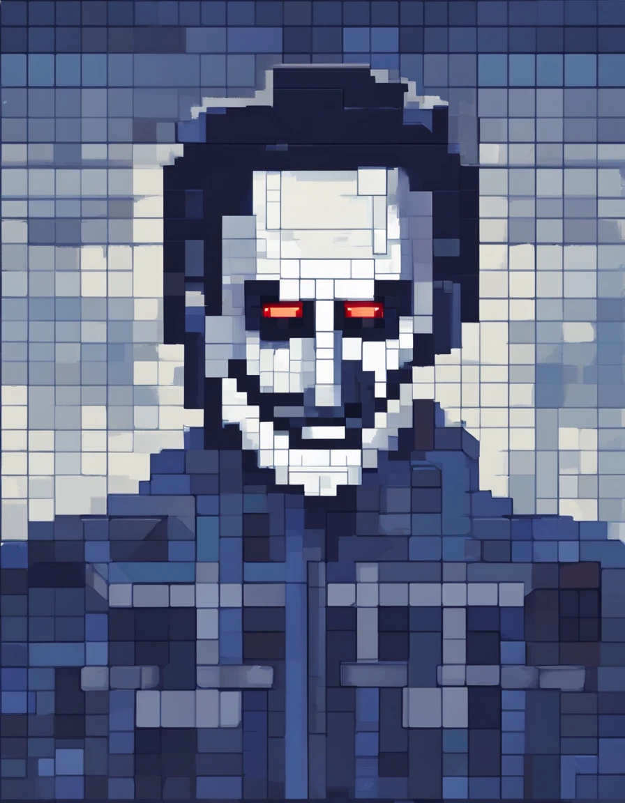 (best quality,realistic:1.37),pixelated image,Micheal Myers,iconic,blue overalls,white mask,knife blade,highlighting,focusing on Michael Myers,character,standing,sinister pose,dark background,tense atmosphere,horror theme,retro aesthetic,low resolution pixel art,sharp edges,colorful pixels,stylized details,cartoonish,evil presence,menacing expression,striking contrast between blue and white,vivid colors,ominous lighting,Halloween inspiration