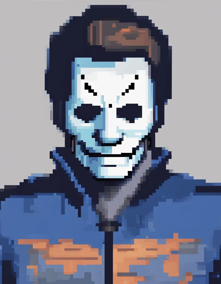 (best quality,realistic:1.37),pixelated image,Micheal Myers,iconic,blue overalls,white mask,knife blade,highlighting,focusing on Michael Myers,character,standing,sinister pose,dark background,tense atmosphere,horror theme,retro aesthetic,low resolution pixel art,sharp edges,colorful pixels,stylized details,cartoonish,evil presence,menacing expression,striking contrast between blue and white,vivid colors,ominous lighting,Halloween inspiration