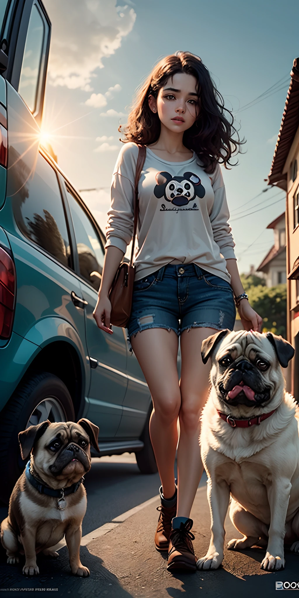 Poster Disney PIXAR MULHER BAIXA CABELO LOIRO MEDIO FOFINHA COM SEIOS GRANDES SEGURANDO UM PUG E COM DOIS GATOS SIAMESES XOM UM CARRO PRETO COM TETO SOLAR DE FUNDO