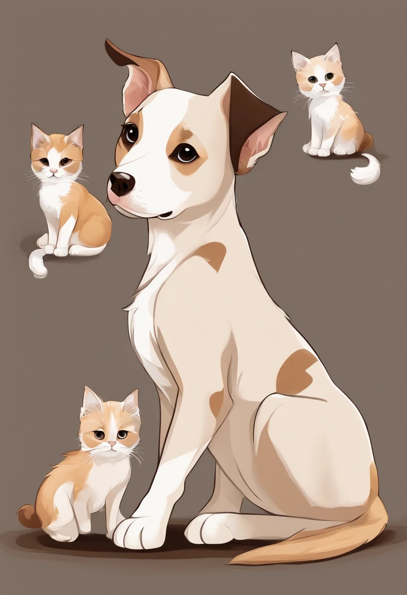 Melhor qualidade de imagem Cartoon pixel jovem mulher cabelos castanhos com pontas claras , Olhos escuros e negros com piercing no nariz com seus dois cachorros ao lado, a white one with prickly ears turns into a can and another caramel with a white breast Pitbull and his tricolor kitten