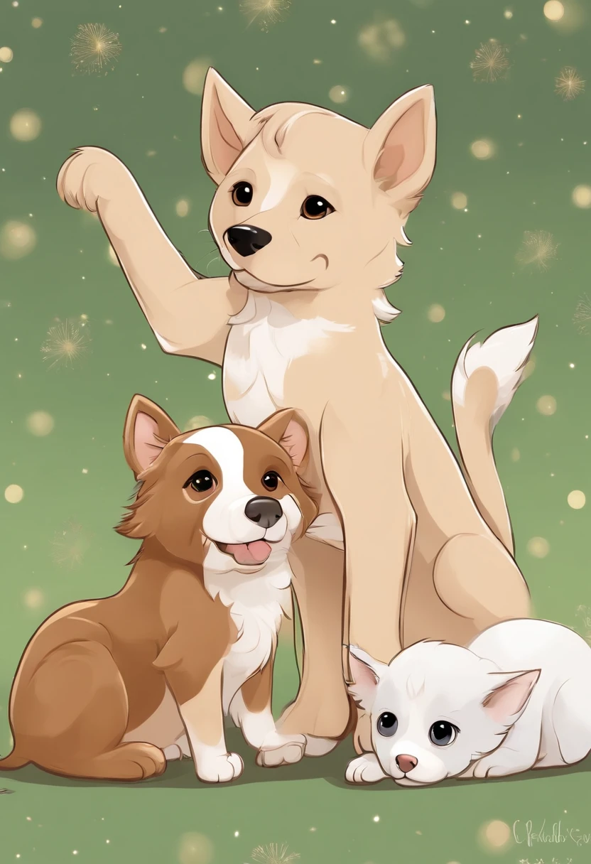 Melhor qualidade de imagem Cartoon pixel jovem mulher cabelos castanhos com pontas claras , Olhos escuros e negros com piercing no nariz com seus dois cachorros ao lado, a white one with prickly ears turns into a can and another caramel with a white breast Pitbull and his tricolor kitten