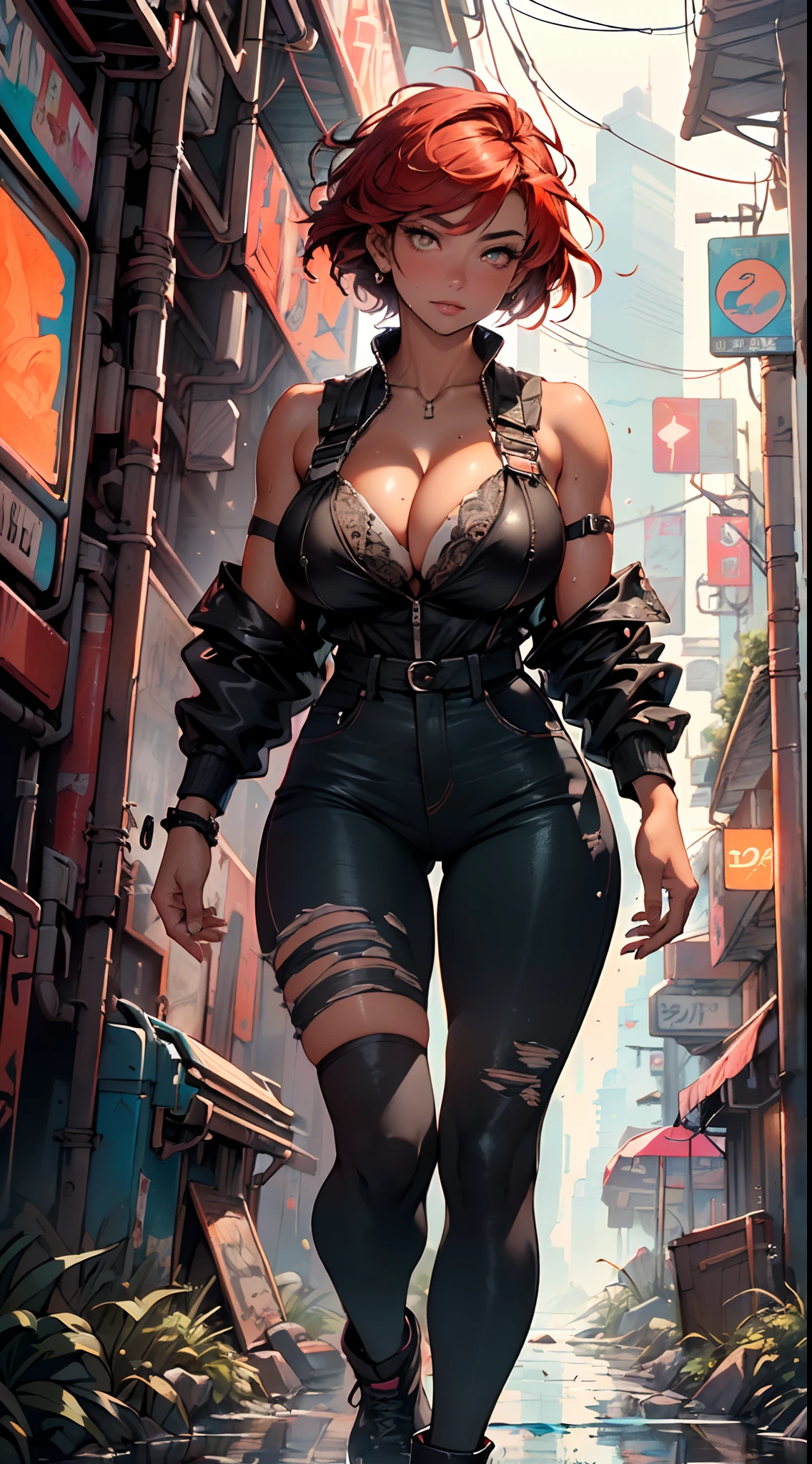 mechanical girl,(1girl:1.3),((1 black girl with extremely cute and beautiful red hair)),((((black race)))),

(big breasts: 1.4),sagging breasts,(((short red hair: 1.35,cropped,redhead,very short hair))),((heterochromia:1.5, (orange_eye and red_eye))),intricate eyes,beautiful detailed eyes,symmetrical eyes,(fat),((((tan,dark skin,black skin:1.35,dark-skinned_female,dark skin:1.3,ebony skin,lustrous skin:1.5,bright skin: 1.5,shiny skin,very shiny skin,shiny body,illuminated skin,wet legs)))),(spider lower abdomen,narrow waist,wide hip ,athletic body,inflated legs,detailed body,(detailed face)),((muscle legs)),((muscular thighs)),((muscular girl)),((strong and muscular,bodybuilder,strong body,muscular,feminine and muscular)),((ABS)),(huge stature,tall stature,very tall girl),

cute,slutty,sensual,seductive look,seductive,erotic,((nsfw)),

(fitted overalls:1.3,suit unbuttoned),((mechanical tools on his clothing,cyberpunk clothes)),(((huge cleavage))),((wet clothes,intricate outfit,intricate clothes)),

(dynamic pose:1.0),embarrassed,(centered,scale to fit dimensions,Rule of thirds),

cyberpunk city by the ocean at night, with bright neon signs and dark stormy clouds and puddles, scenery:1.25,

artistic photography,(photography taken by sldr),highres, sharp focus, (ultra detailed, extremely detailed), (photorealistic artwork:1.37),(extremely detailed CG unity 8k wallpaper),((synthwave background theme)),(((vibrant colors))),(intricate background),(masterpiece),(best quality),