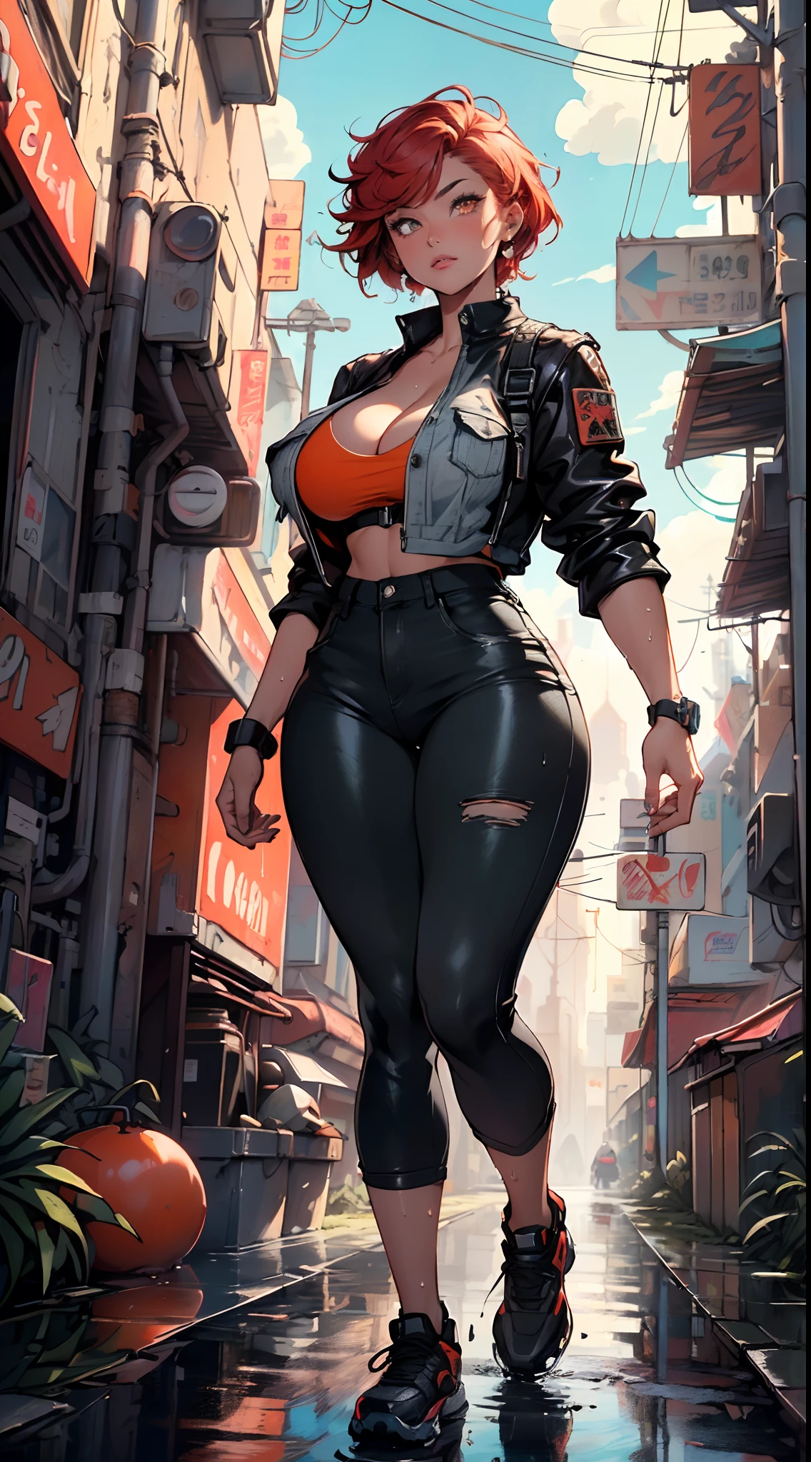 mechanical girl,(1girl:1.3),((1 black girl with extremely cute and beautiful red hair)),((((black race)))),
(big breasts: 1.4),sagging breasts,(((short red hair: 1.35,cropped,redhead,very short hair))),((heterochromia:1.5, (orange_eye and red_eye))),intricate eyes,beautiful detailed eyes,symmetrical eyes,(fat),((((tan,dark skin,black skin:1.35,dark-skinned_female,dark skin:1.3,ebony skin,lustrous skin:1.5,bright skin: 1.5,shiny skin,very shiny skin,shiny body,illuminated skin,wet legs)))),(spider lower abdomen,narrow waist,wide hip ,athletic body,inflated legs,detailed body,(detailed face)),((muscle legs)),((muscular thighs)),((muscular girl)),((strong and muscular,bodybuilder,strong body,muscular,feminine and muscular)),((ABS)),(huge stature,tall stature,very tall girl),
cute,slutty,sensual,seductive look,seductive,erotic,((nsfw)),
(fitted overalls:1.3,suit unbuttoned),((mechanical tools on his clothing,cyberpunk clothes)),(((huge cleavage))),((wet clothes,intricate outfit,intricate clothes)),
(dynamic pose:1.0),embarrassed,(centered,scale to fit dimensions,Rule of thirds),
cyberpunk city by the ocean at night, with bright neon signs and dark stormy clouds and puddles, scenery:1.25,
artistic photography,(photography taken by sldr),highres, sharp focus, (ultra detailed, extremely detailed), (photorealistic artwork:1.37),(extremely detailed CG unity 8k wallpaper),((synthwave background theme)),(((vibrant colors))),(intricate background),(masterpiece),(best quality),