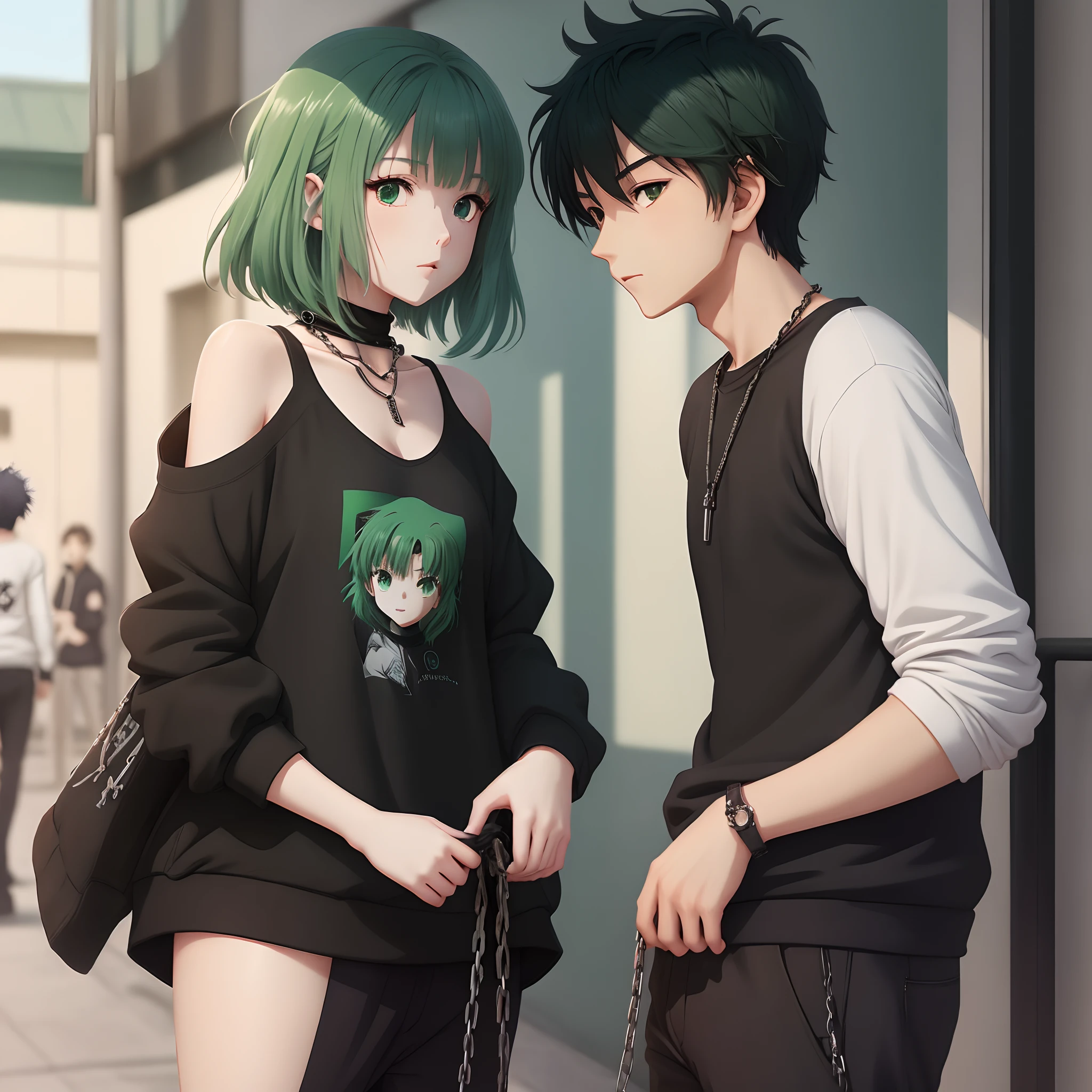 (Imagen estilo anime 2d) Medium build girl with dark green hair with shoulder length hair wearing black sweatshirt with white design and black skirt with chains and a boy next to her looking at her with short dark green hair wearing black long sleeve t-shirt and black brown lace-up pants
