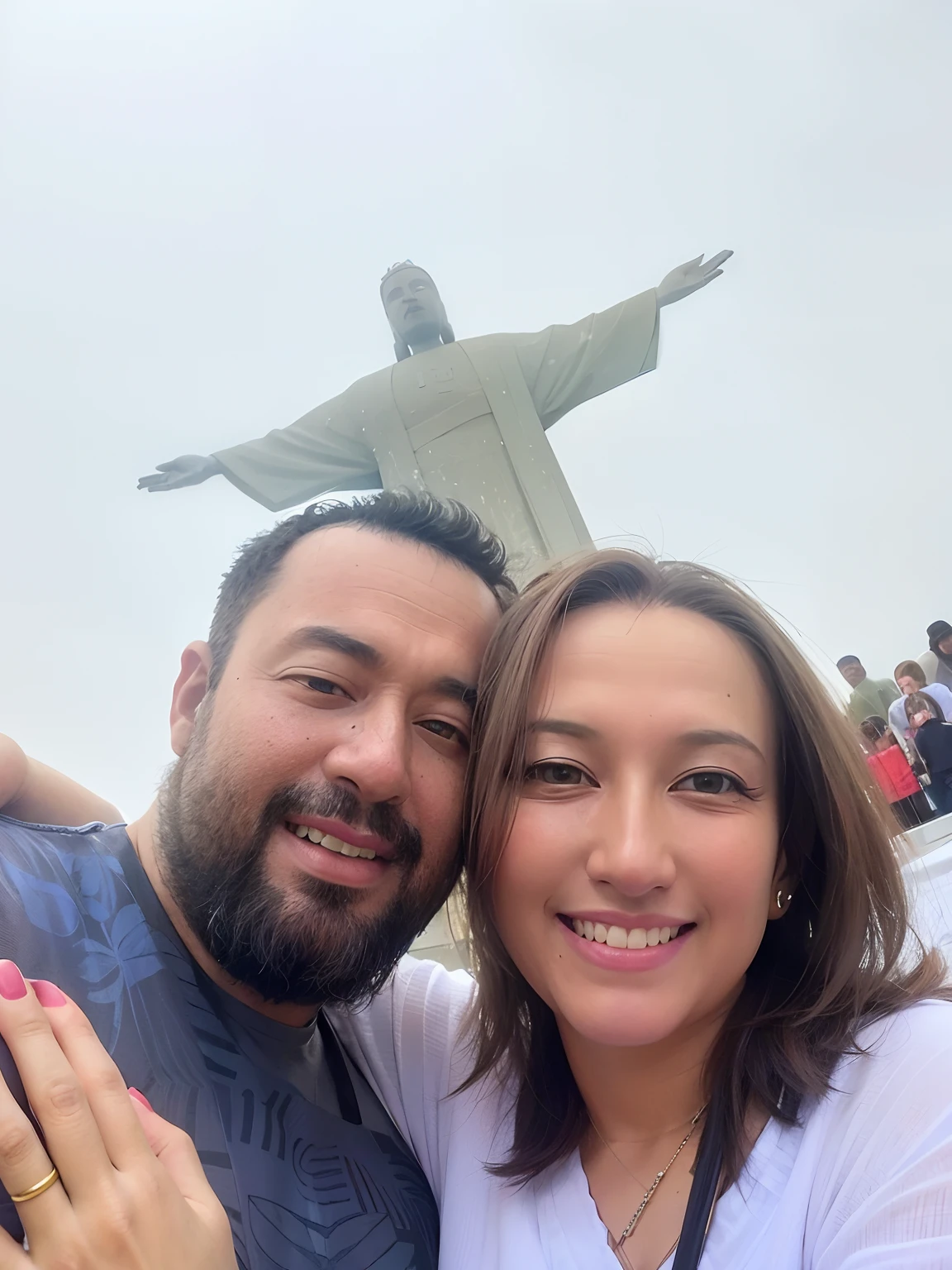 There is a man and a woman posing for a photo in front of a statue, Cristo Redentor, cristo redentor, Directed by: Nandor Soldier, com montanhas ao fundo, In Sao Paulo, com uma cidade em segundo plano, rio de janeiro, com montanhas no fundo, vacation photo, david rios ferreira, Directed by: Matteo Pérez, imagem de perfil
