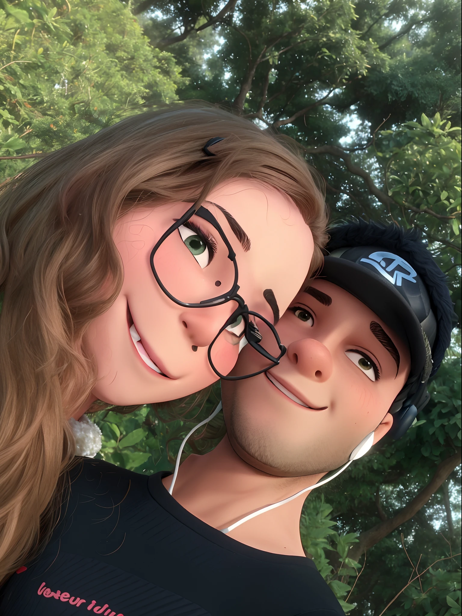 Casal apaixonado, sorrindo, mulher batom vermelho com cabelos loiros cacheados, Man wearing cap and headphones