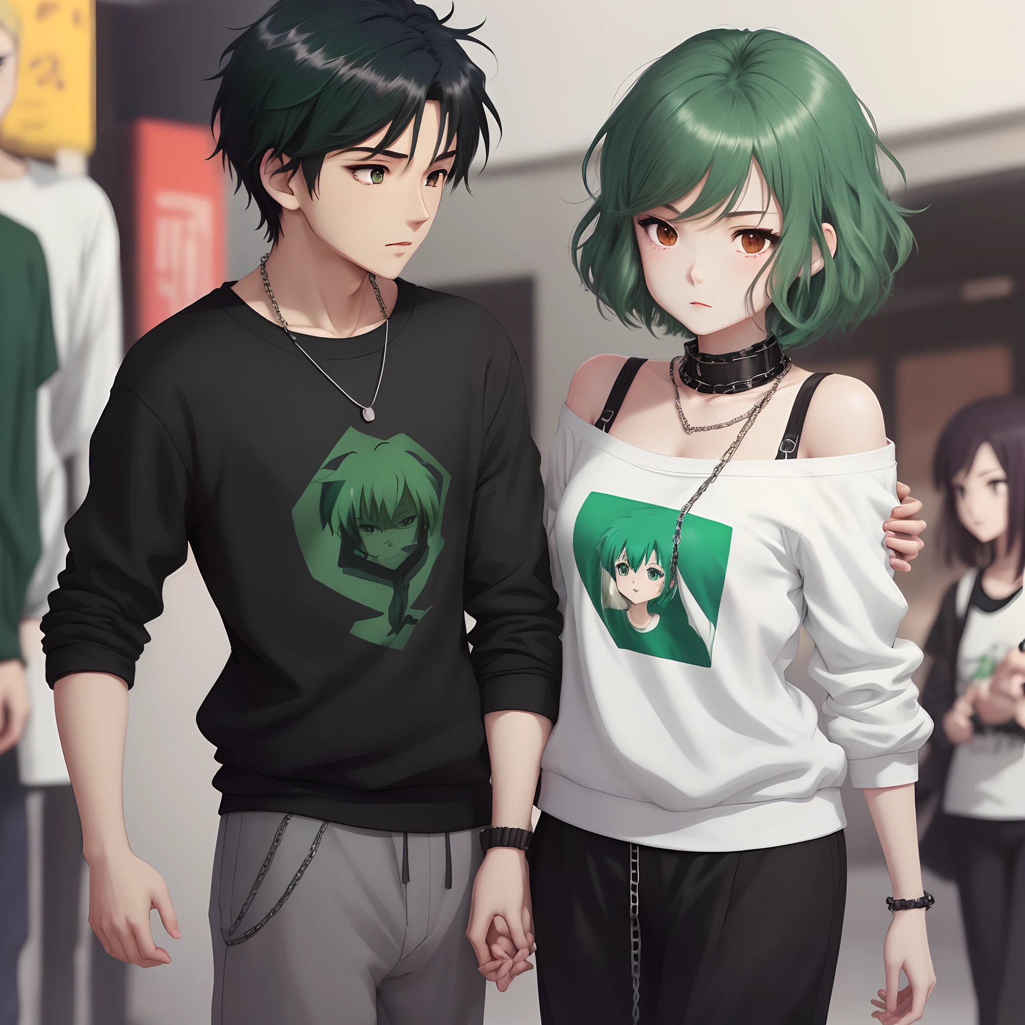 (Imagen estilo anime 2d) Medium build girl with dark green hair with shoulder length hair wearing black sweatshirt with white design and black skirt with chains and a boy next to her looking at her with short dark green hair wearing black long sleeve t-shirt and black brown lace-up pants