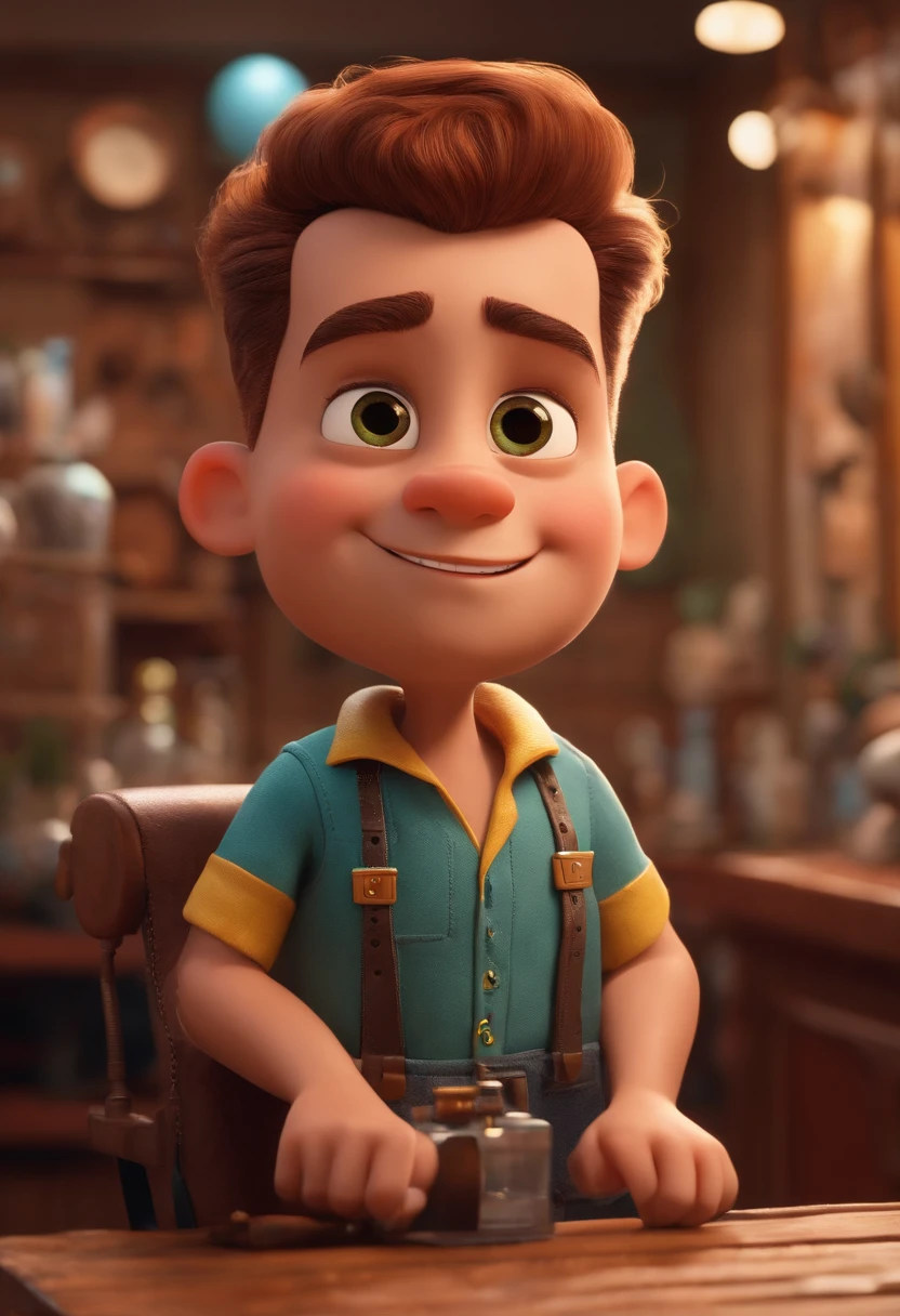 A Dream Barber Inspired by Pixar Animation, de perto. The character takes center stage with captivating facial expressions, oferecendo um toque de irrealidade, Cabelo curto e gordinho gradiente